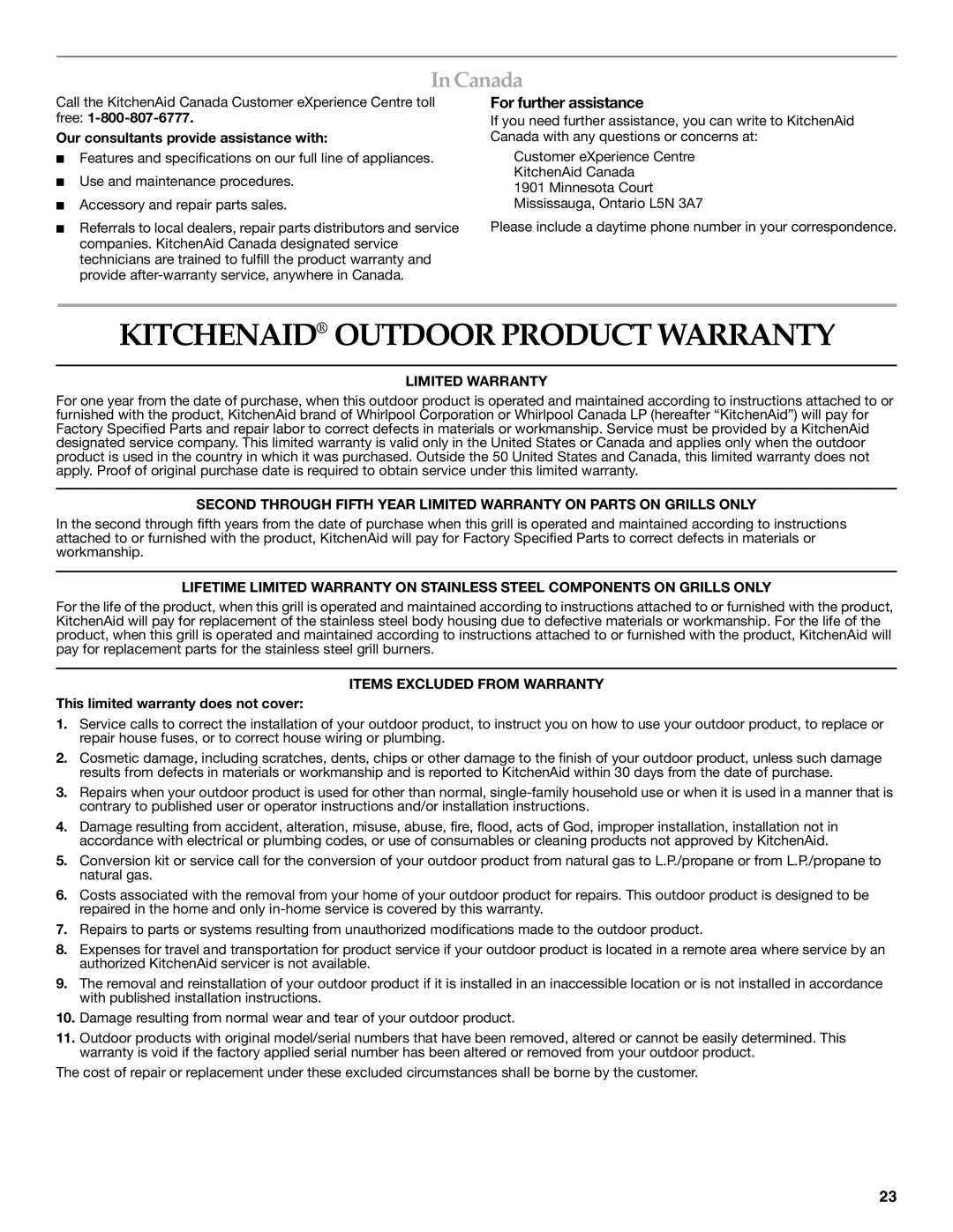 KitchenAid KBSU367T, KBSS361T Kitchenaid Outdoor Product Warranty, Canada, Limited Warranty, Items Excluded from Warranty 