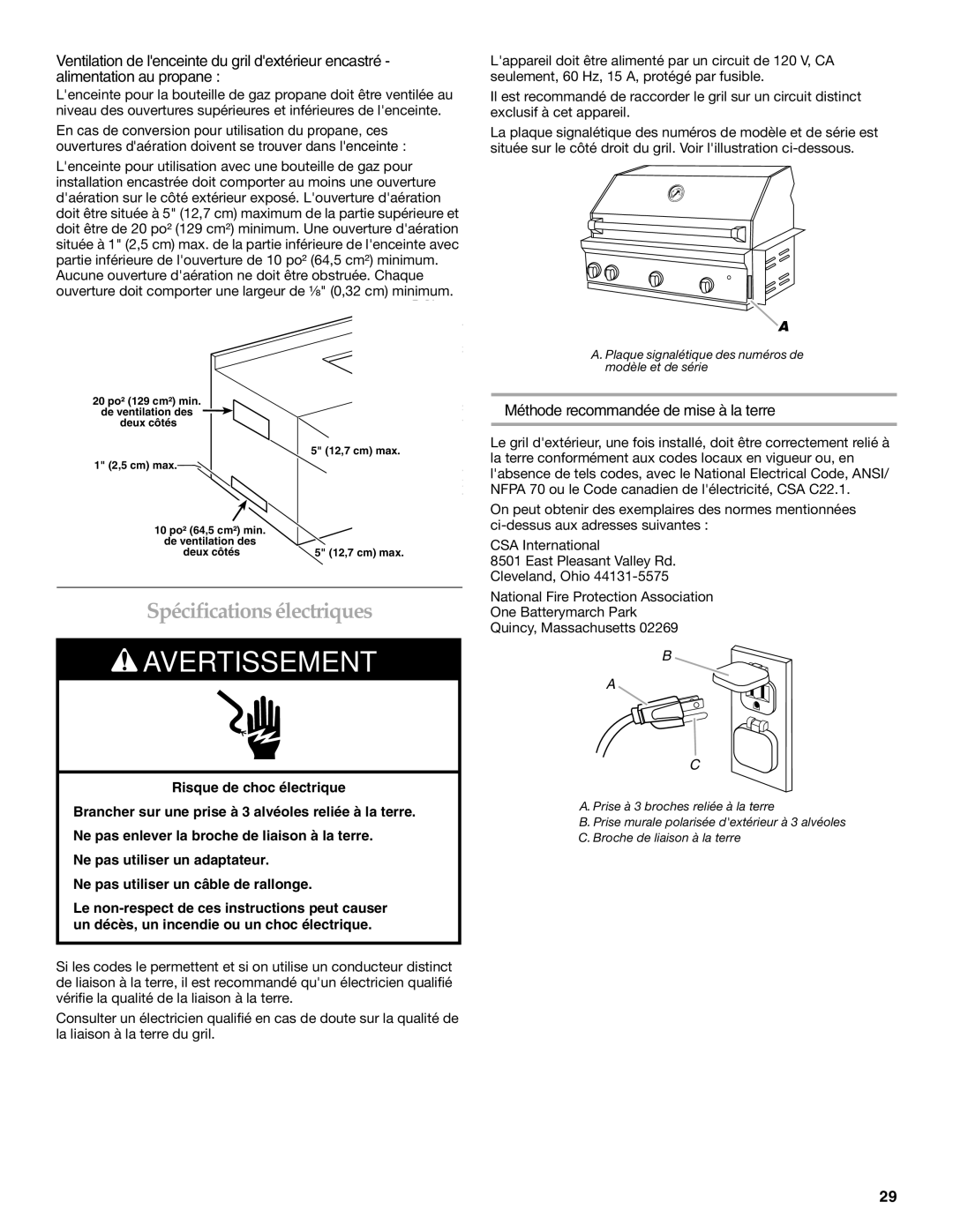 KitchenAid KBSU367T, KBSS361T, KBSU487T Spécifications électriques, Méthode recommandée de mise à la terre 