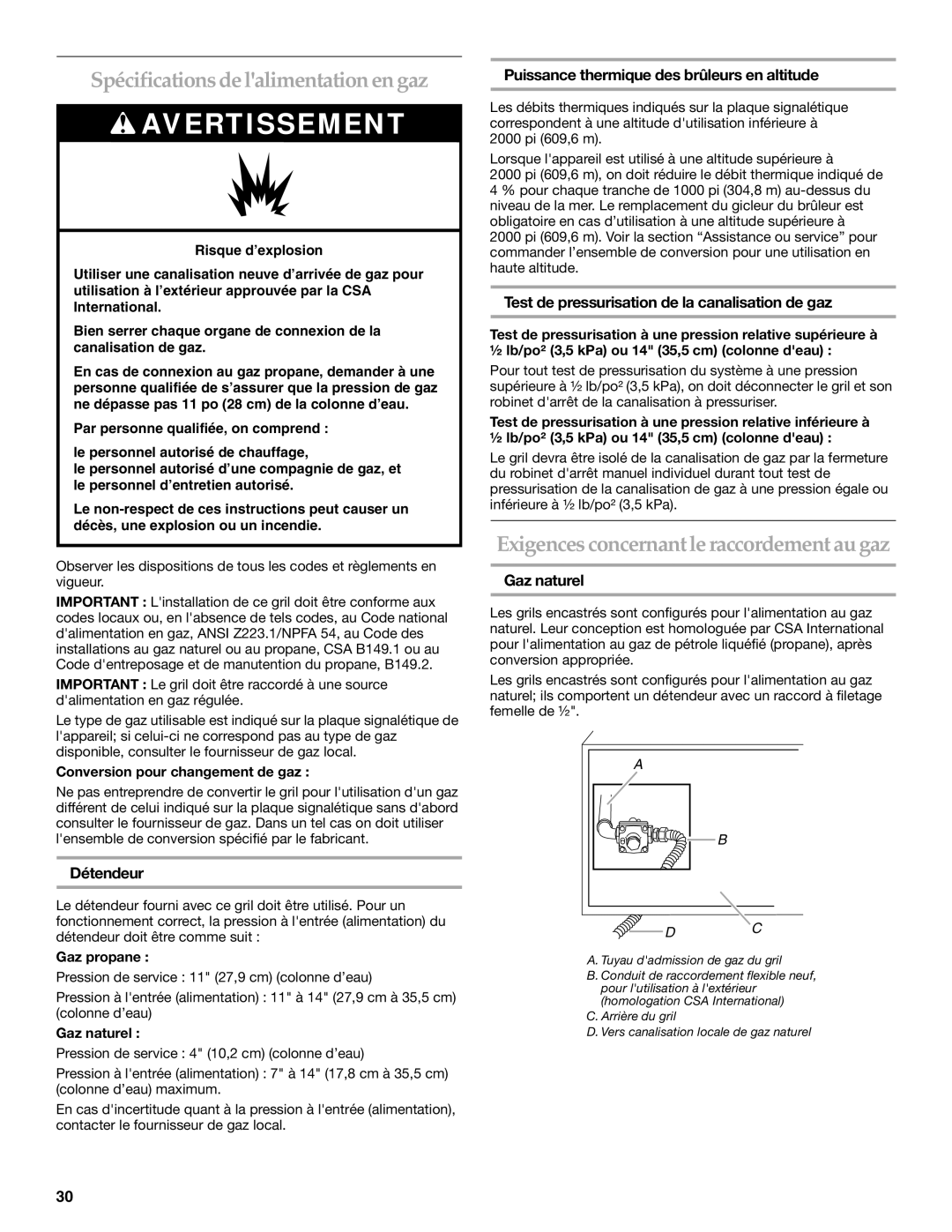 KitchenAid KBSS361T, KBSU487T, KBSU367T Spécifications de lalimentation en gaz, Exigences concernant le raccordement au gaz 