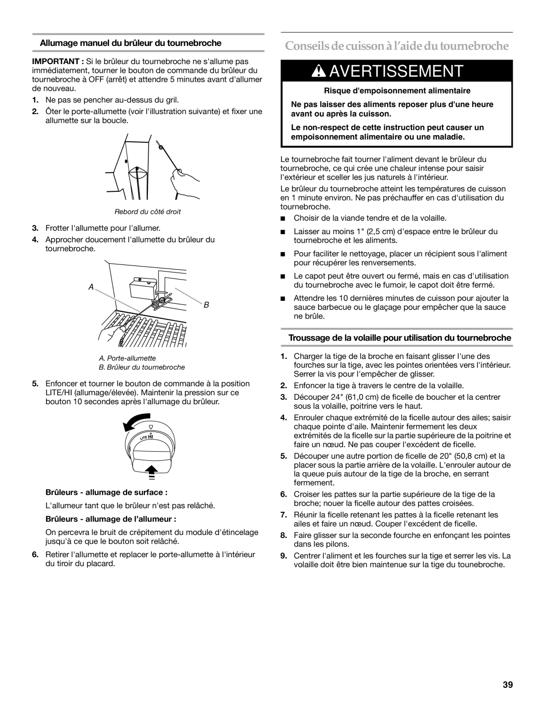 KitchenAid KBSS361T, KBSU487T Conseils de cuisson à l’aide du tournebroche, Allumage manuel du brûleur du tournebroche 