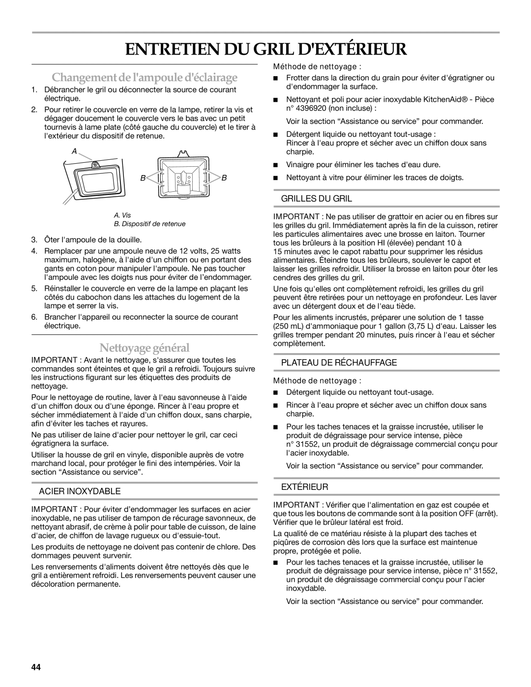 KitchenAid KBSU367T, KBSS361T, KBSU487T Entretien DU Gril Dextérieur, Changement de lampoule déclairage, Nettoyage général 