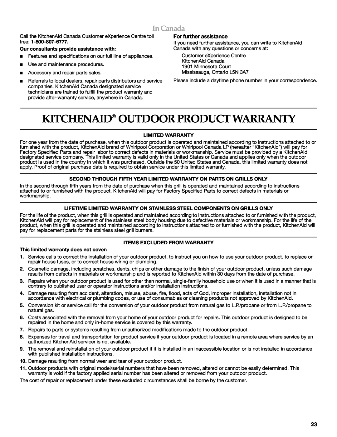 KitchenAid KBSU367T, KBSS361T, KBSU487T Kitchenaid Outdoor Product Warranty, In Canada, For further assistance 