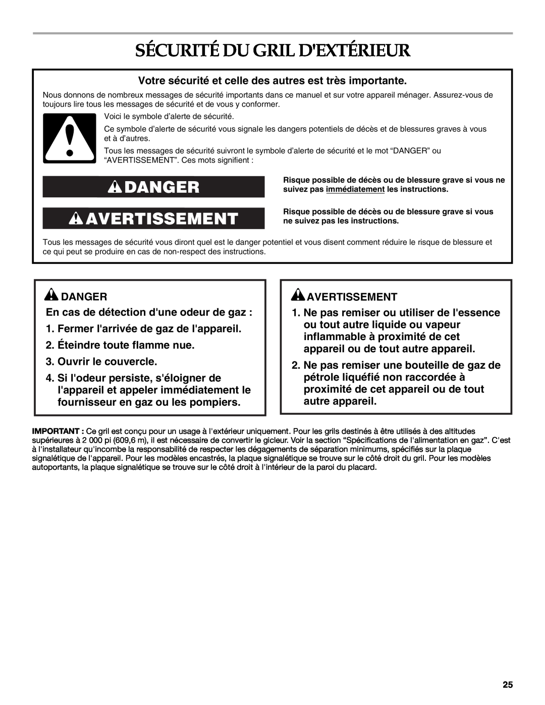 KitchenAid KBSU487T Sécurité Du Gril Dextérieur, Danger Avertissement, DANGER En cas de détection dune odeur de gaz 