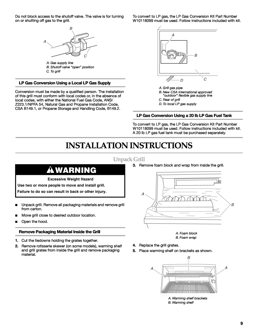 KitchenAid KBSS361T Installation Instructions, Unpack Grill, LP Gas Conversion Using a Local LP Gas Supply, B A C 