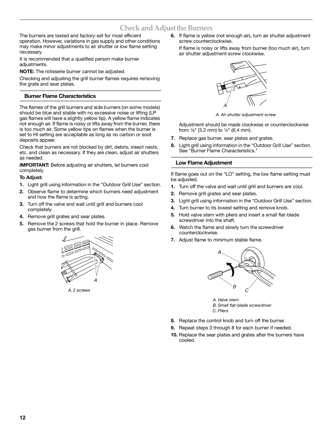 KitchenAid KBSU487TSS Check and Adjustthe Burners, Burner Flame Characteristics, Low Flame Adjustment, To Adjust 