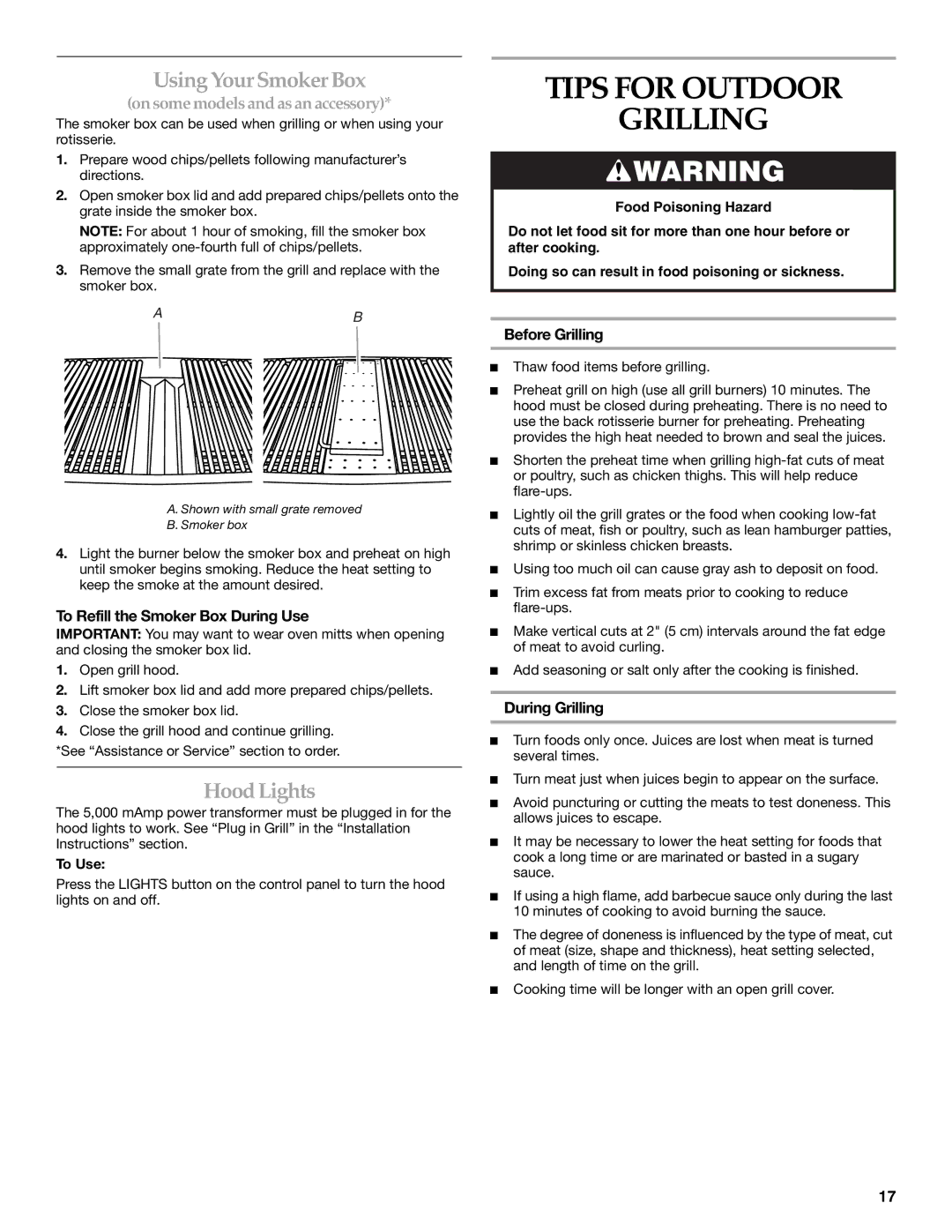 KitchenAid KBSU487TSS installation instructions Tips for Outdoor Grilling, Using Your Smoker Box, Hood Lights 