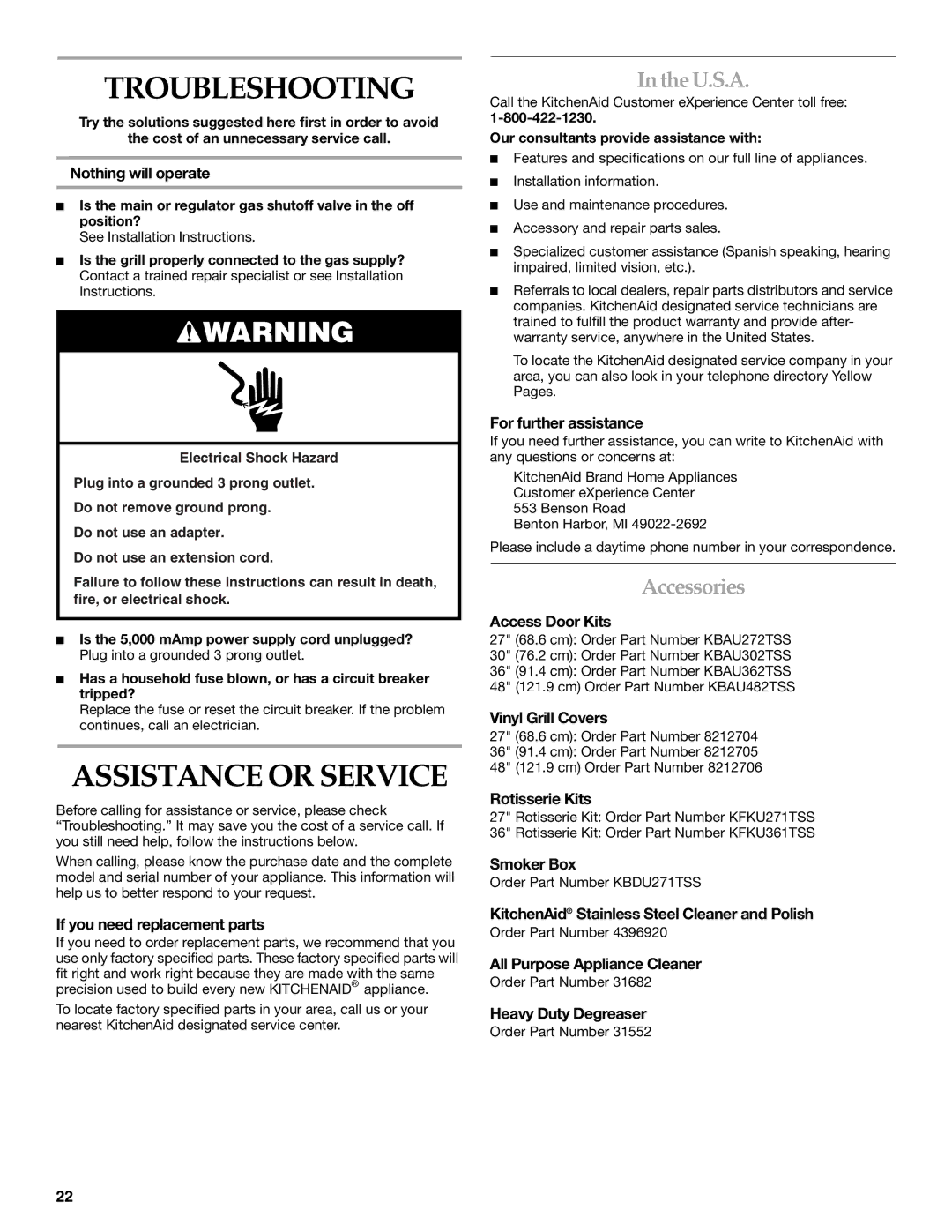 KitchenAid KBSU487TSS installation instructions Troubleshooting, Assistance or Service, U.S.A, Accessories 