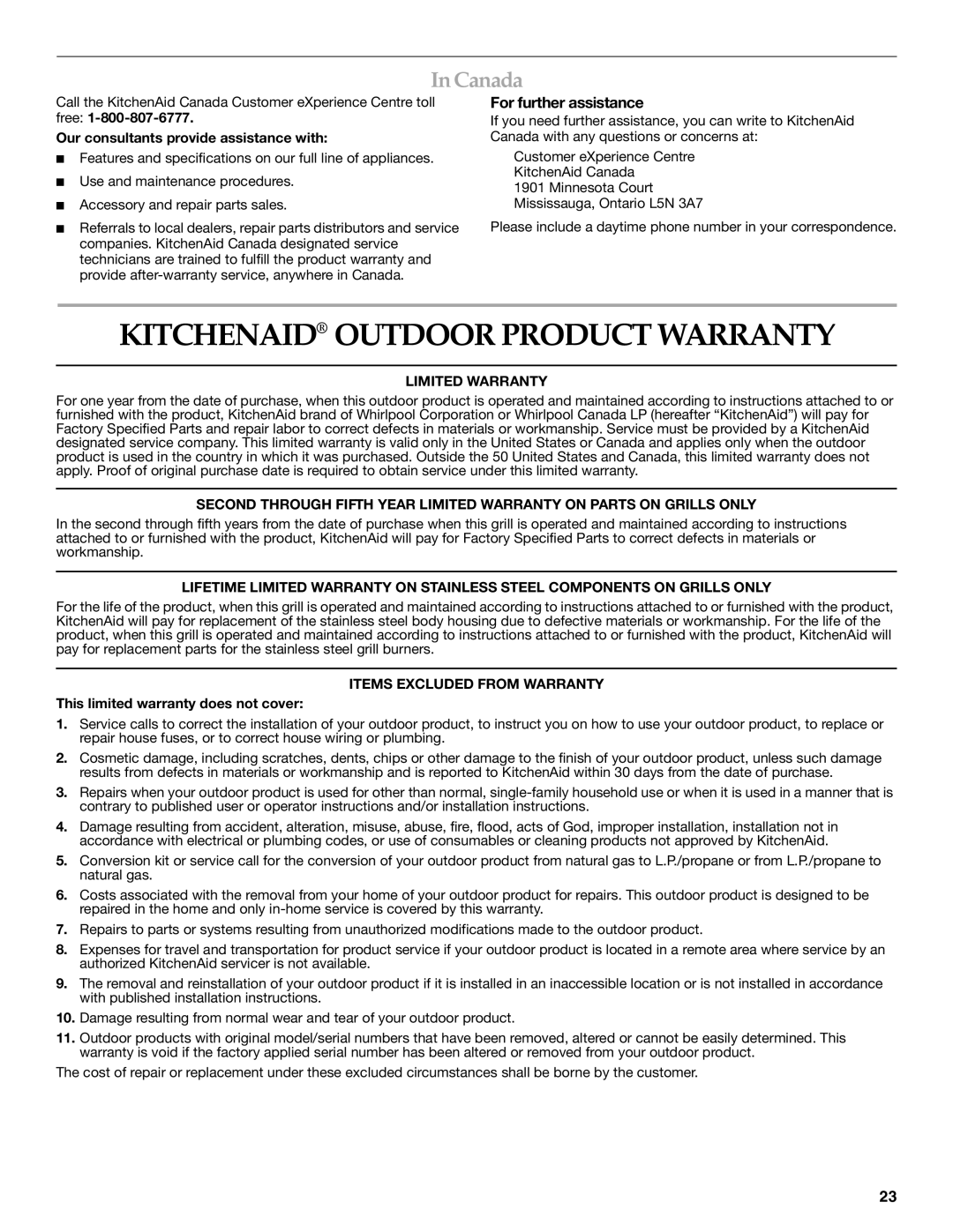 KitchenAid KBSU487TSS Kitchenaid Outdoor Product Warranty, Canada, Limited Warranty, Items Excluded from Warranty 