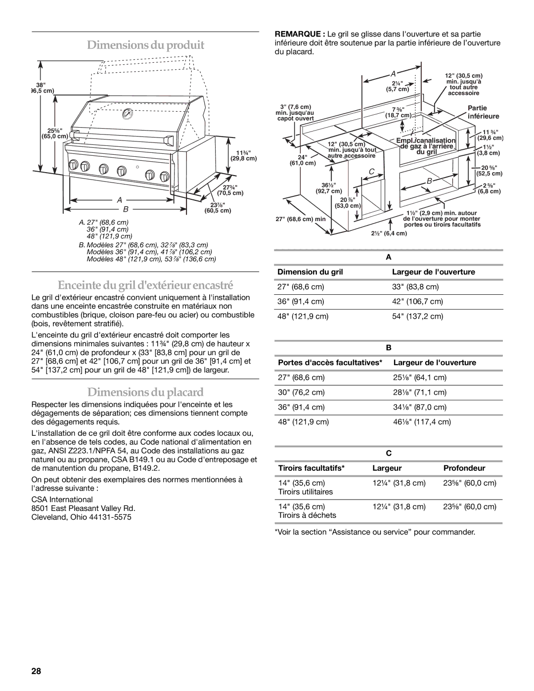 KitchenAid KBSU487TSS Dimensions du produit, Enceinte du gril dextérieur encastré, Dimensions du placard 