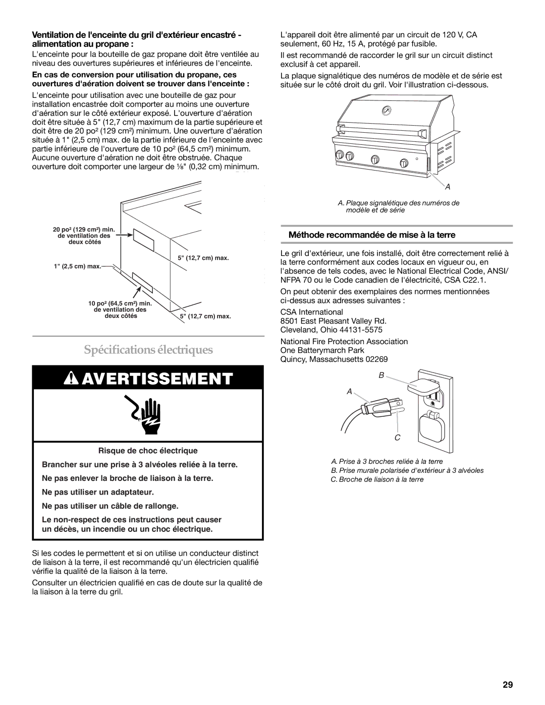 KitchenAid KBSU487TSS installation instructions Spécifications électriques, Méthode recommandée de mise à la terre 