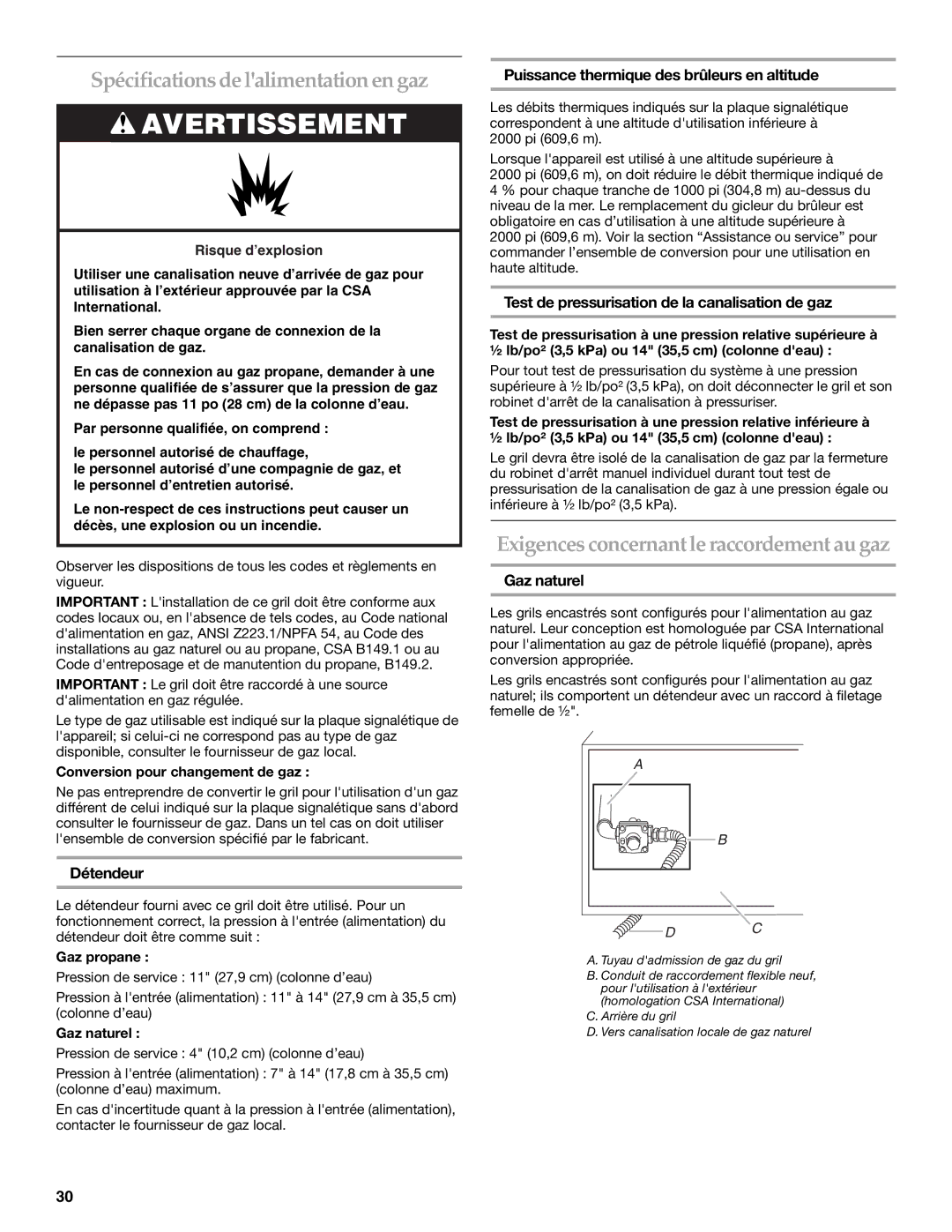 KitchenAid KBSU487TSS Spécifications de lalimentation en gaz, Exigences concernant le raccordement au gaz 