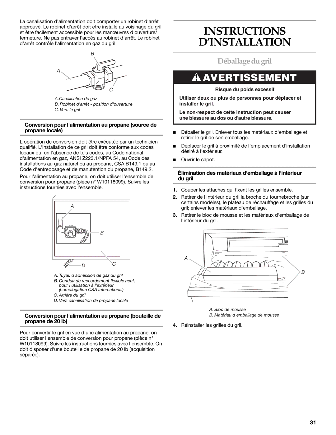 KitchenAid KBSU487TSS installation instructions Instructions ’INSTALLATION, Déballage du gril 