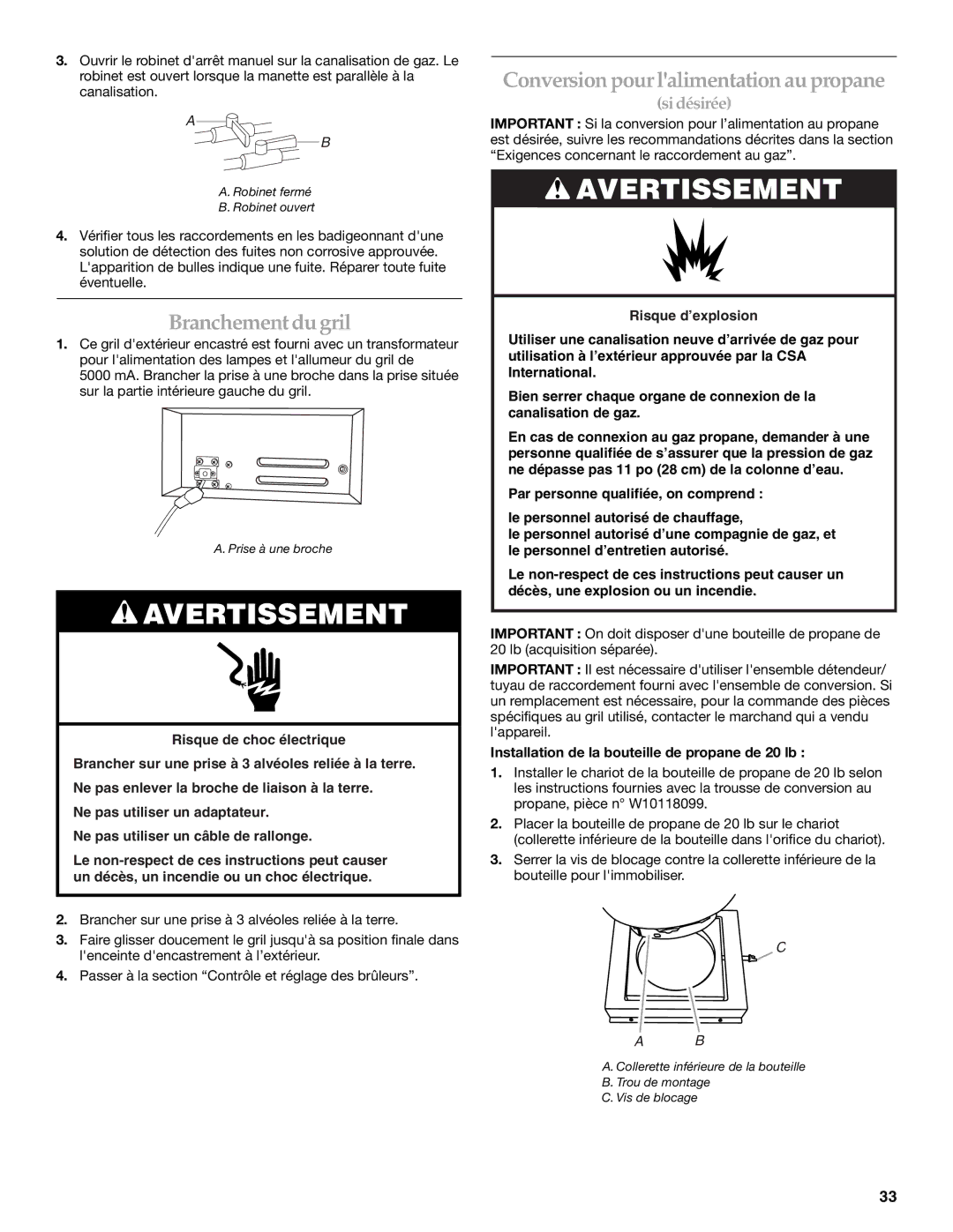 KitchenAid KBSU487TSS installation instructions Branchement du gril, Conversion pour lalimentation au propane 