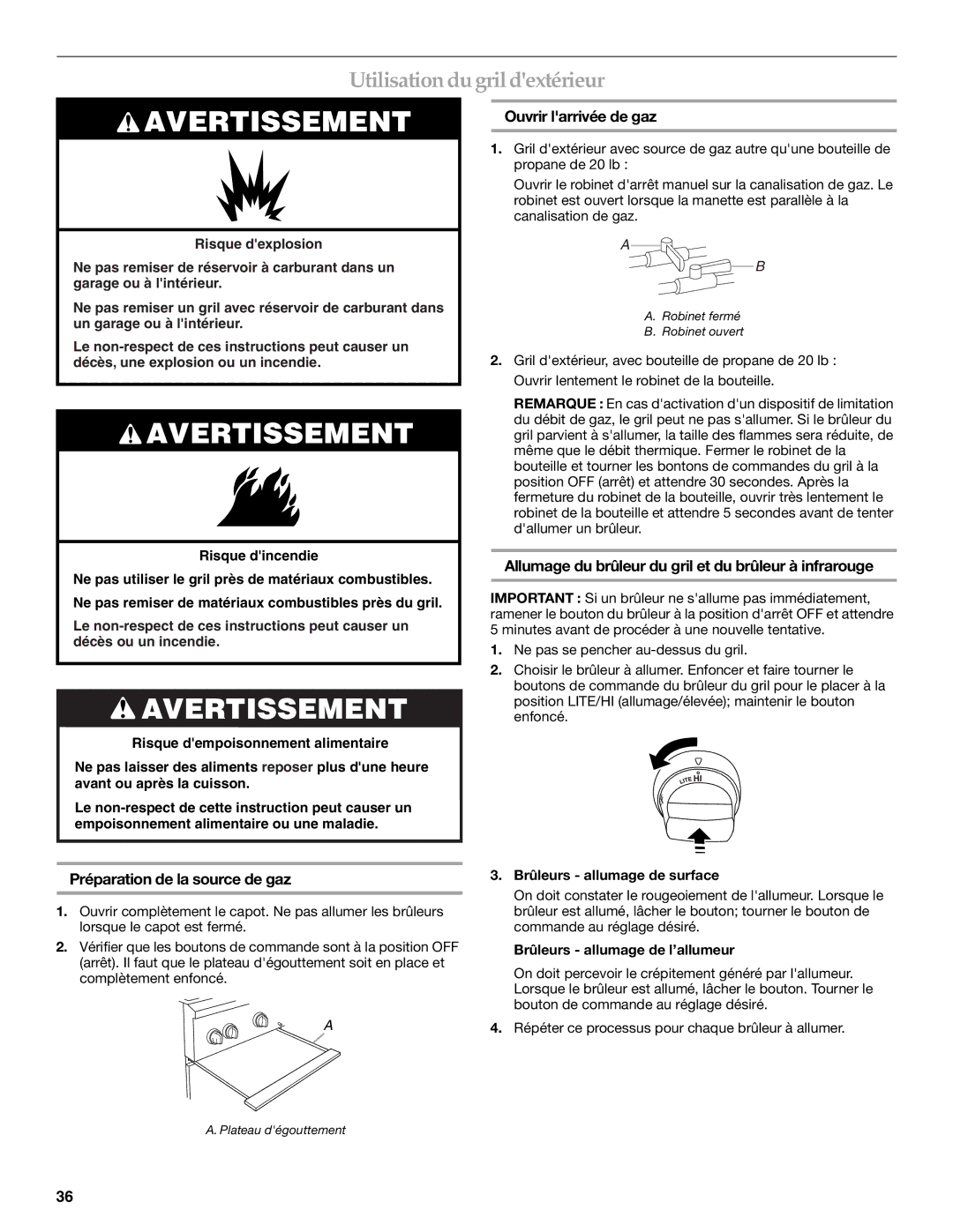 KitchenAid KBSU487TSS Utilisation du gril dextérieur, Préparation de la source de gaz, Ouvrir larrivée de gaz 