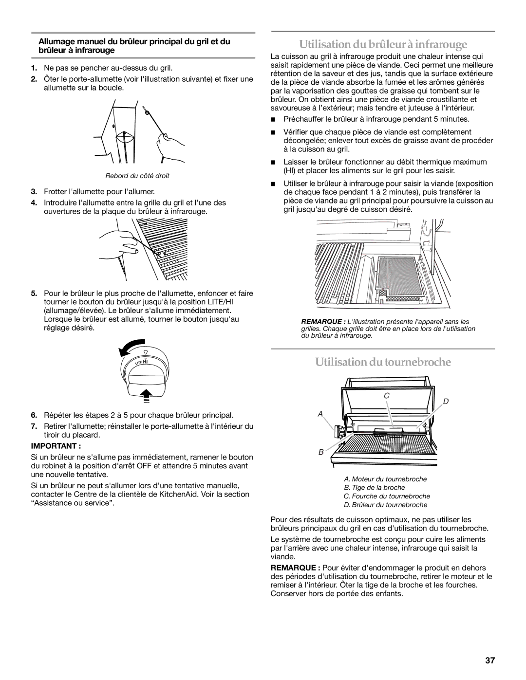 KitchenAid KBSU487TSS installation instructions Utilisation du brûleur à infrarouge, Utilisation du tournebroche 