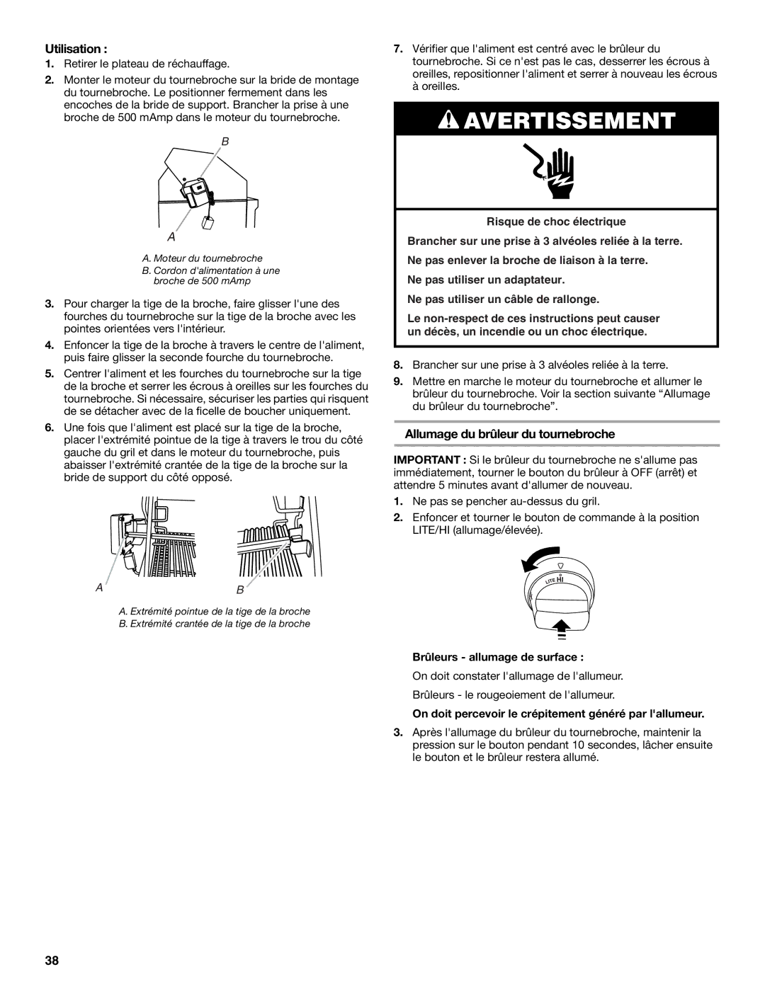 KitchenAid KBSU487TSS installation instructions Utilisation, Allumage du brûleur du tournebroche 