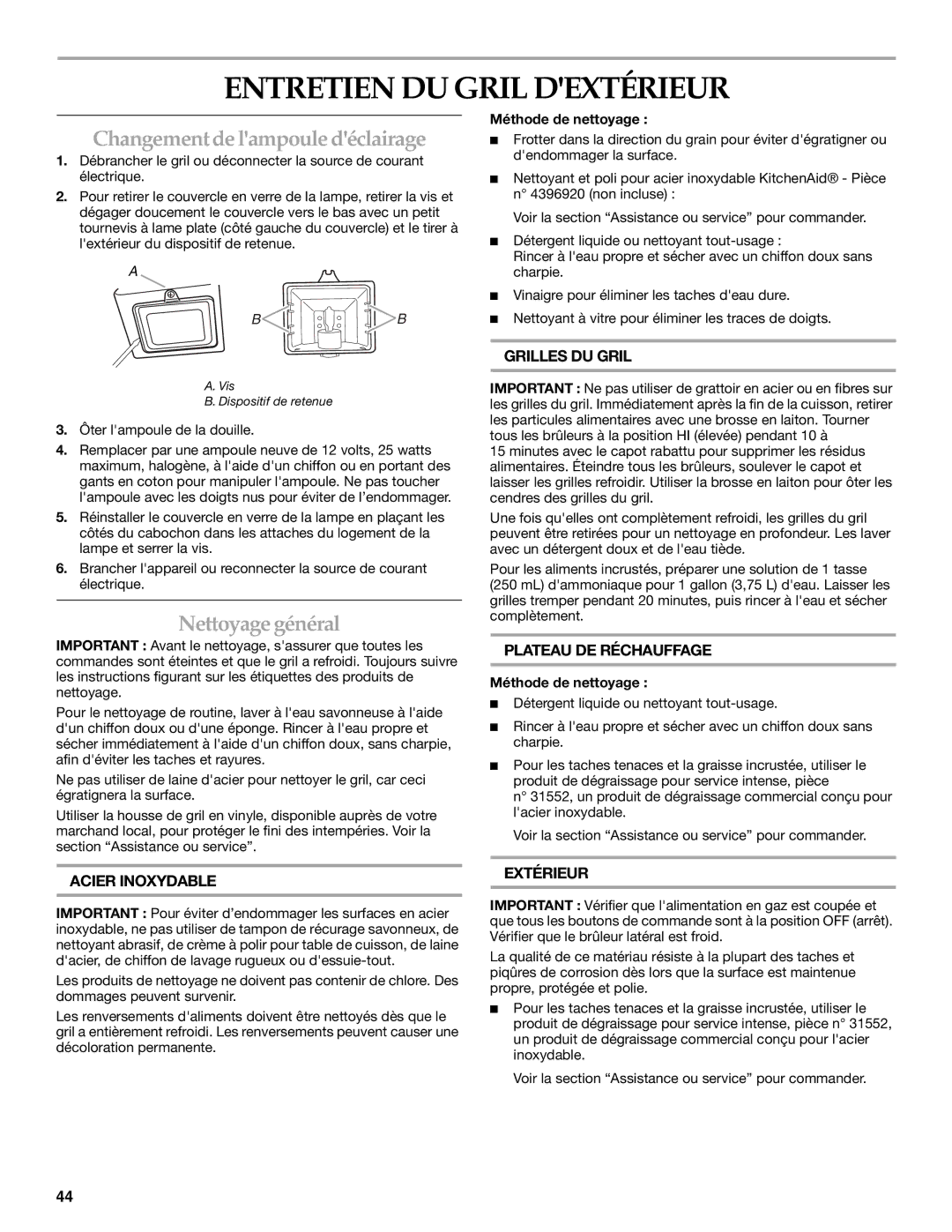 KitchenAid KBSU487TSS Entretien DU Gril Dextérieur, Changement de lampoule déclairage, Nettoyage général 