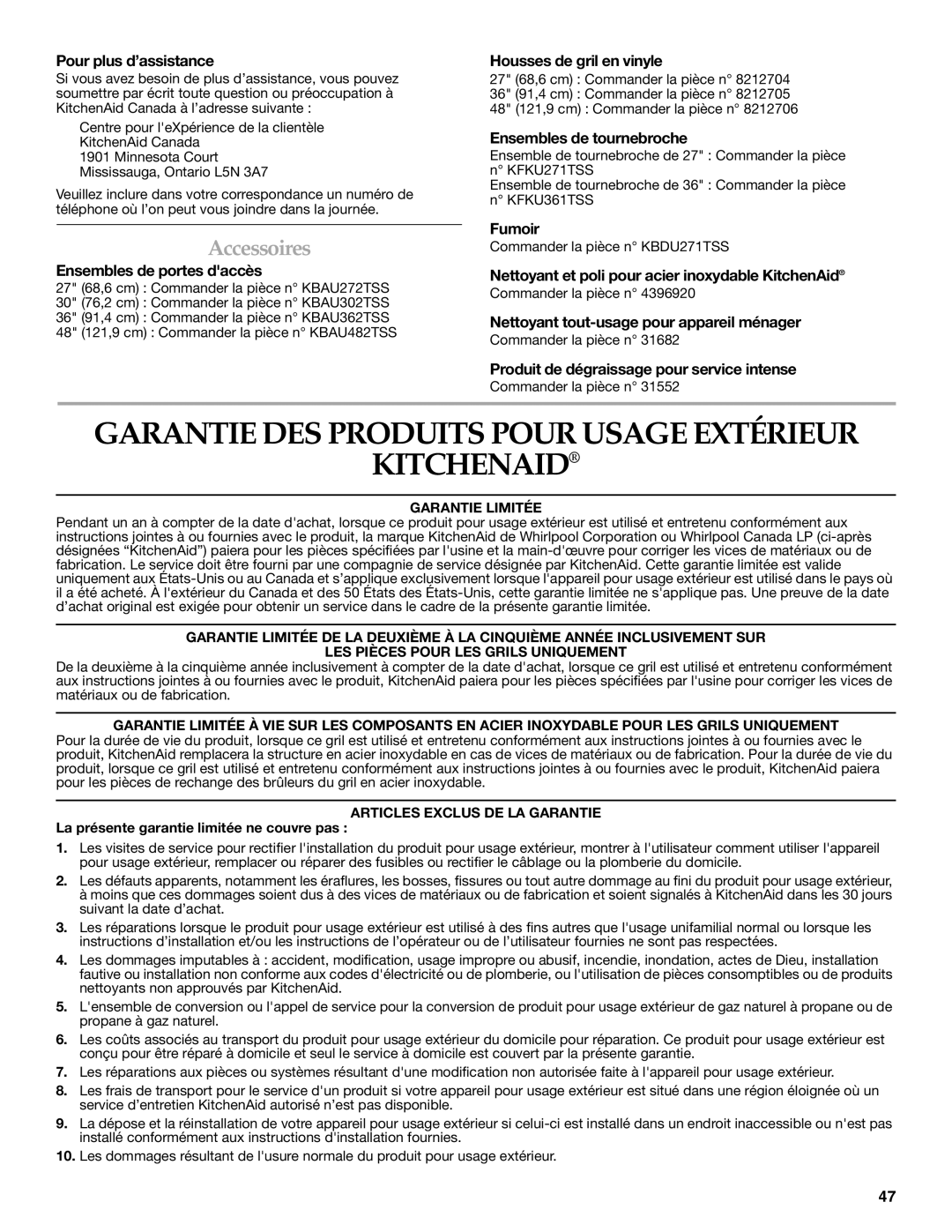 KitchenAid KBSU487TSS installation instructions Garantie DES Produits Pour Usage Extérieur Kitchenaid, Accessoires 