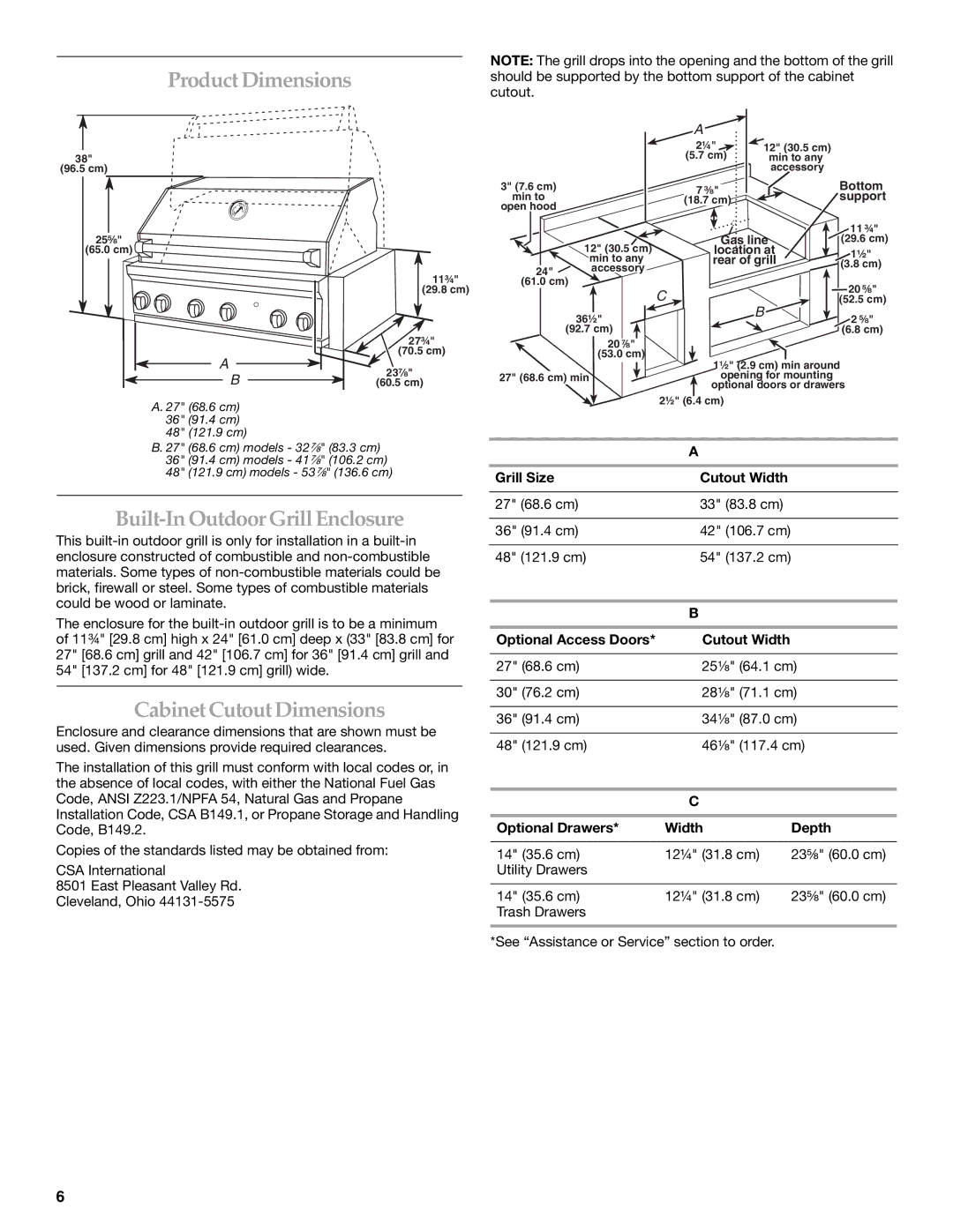 KitchenAid KBSU487TSS Product Dimensions, Built-In Outdoor Grill Enclosure, Cabinet Cutout Dimensions 