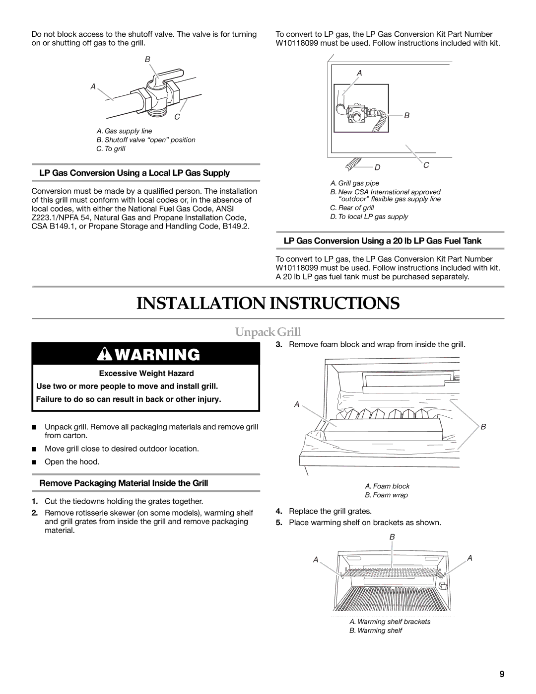 KitchenAid KBSU487TSS Installation Instructions, Unpack Grill, LP Gas Conversion Using a Local LP Gas Supply 