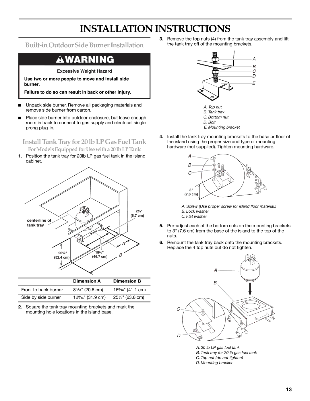 KitchenAid KBZU242VSS Installation Instructions, Built-in Outdoor Side Burner Installation, Dimension a Dimension B 