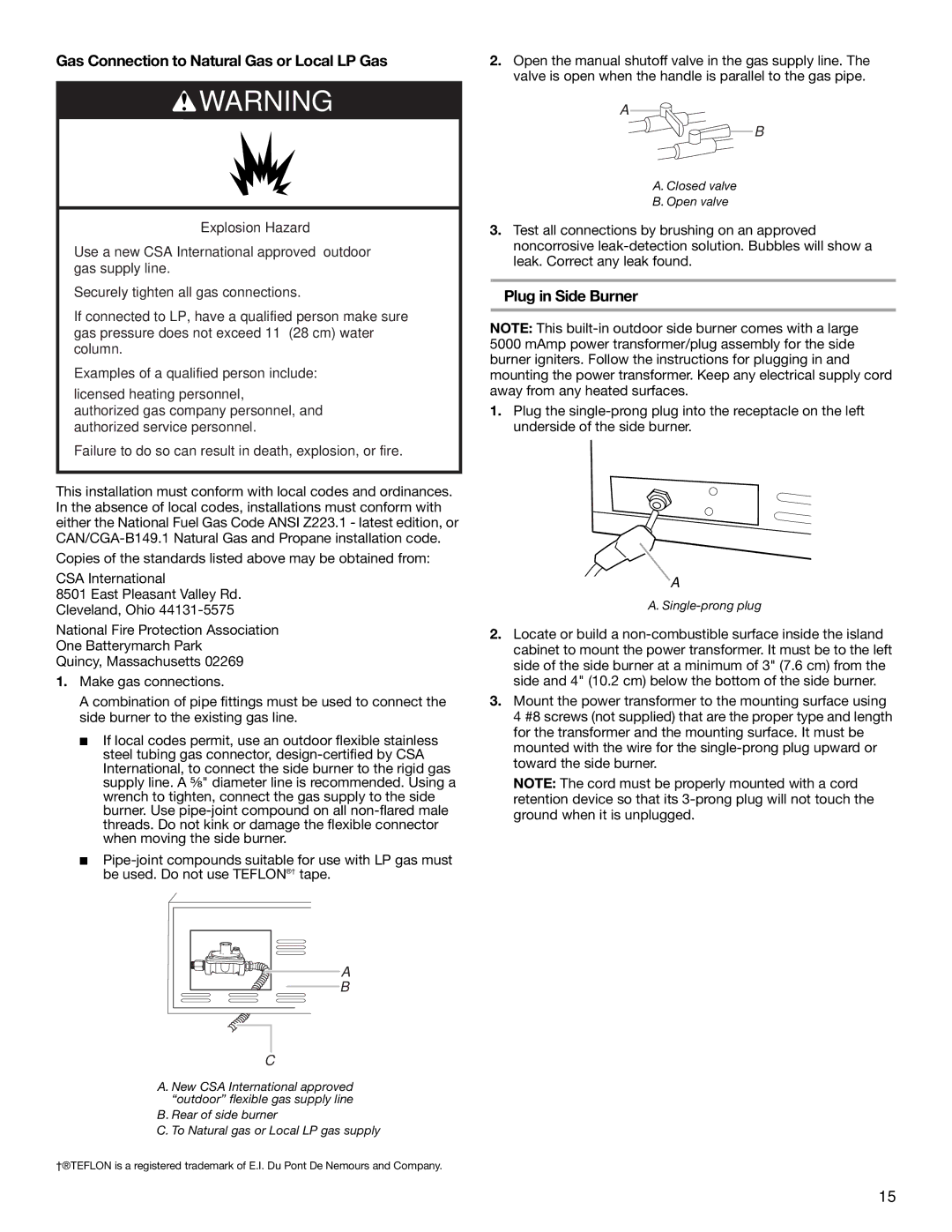 KitchenAid KBZU122TSS, KBZU122VSS, KBZU242VSS, W10176789A Gas Connection to Natural Gas or Local LP Gas, Plug in Side Burner 