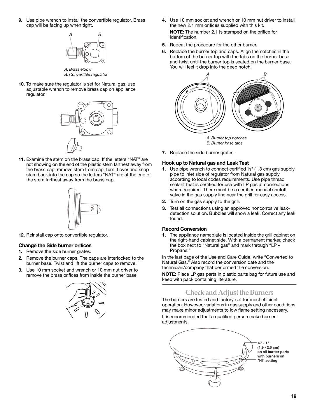 KitchenAid KBZU122TSS Check and Adjust the Burners, Change the Side burner orifices, Hook up to Natural gas and Leak Test 