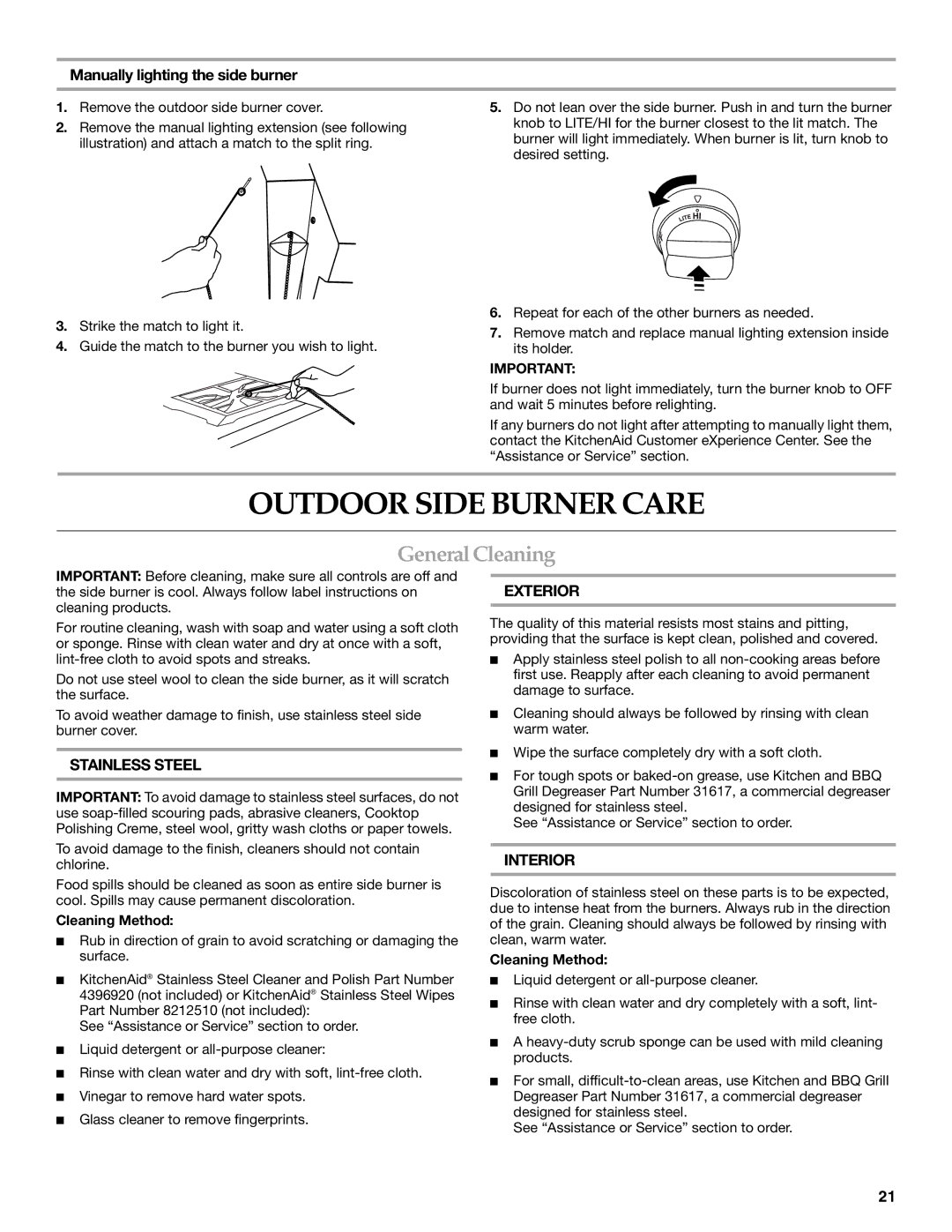 KitchenAid KBZU242VSS Outdoor Side Burner Care, General Cleaning, Manually lighting the side burner, Cleaning Method 