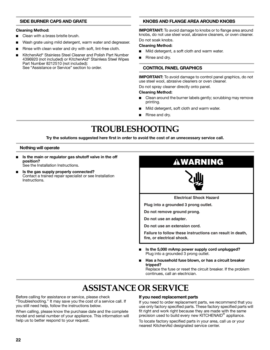 KitchenAid W10176789A Troubleshooting, Assistance or Service, Nothing will operate, If you need replacement parts 