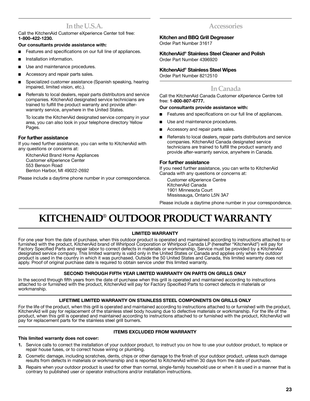 KitchenAid KBZU122TSS, KBZU122VSS, KBZU242VSS, W10176789A Kitchenaid Outdoor Product Warranty, U.S.A, Accessories, Canada 