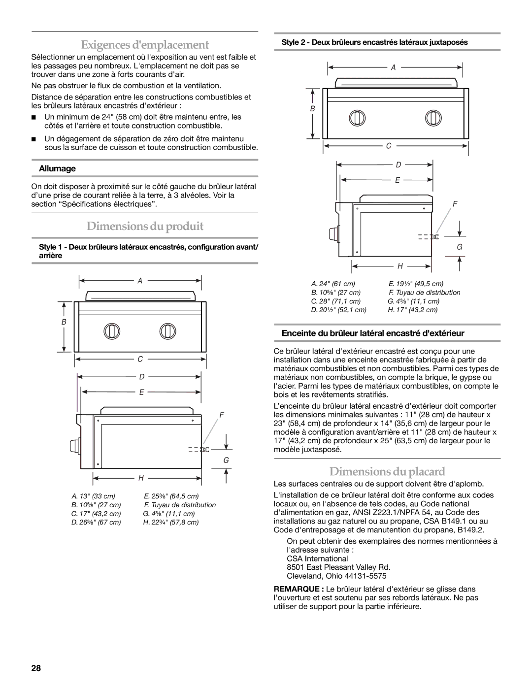 KitchenAid KBZU122VSS, KBZU242VSS Exigences demplacement, Dimensions du produit, Dimensions du placard, Allumage 