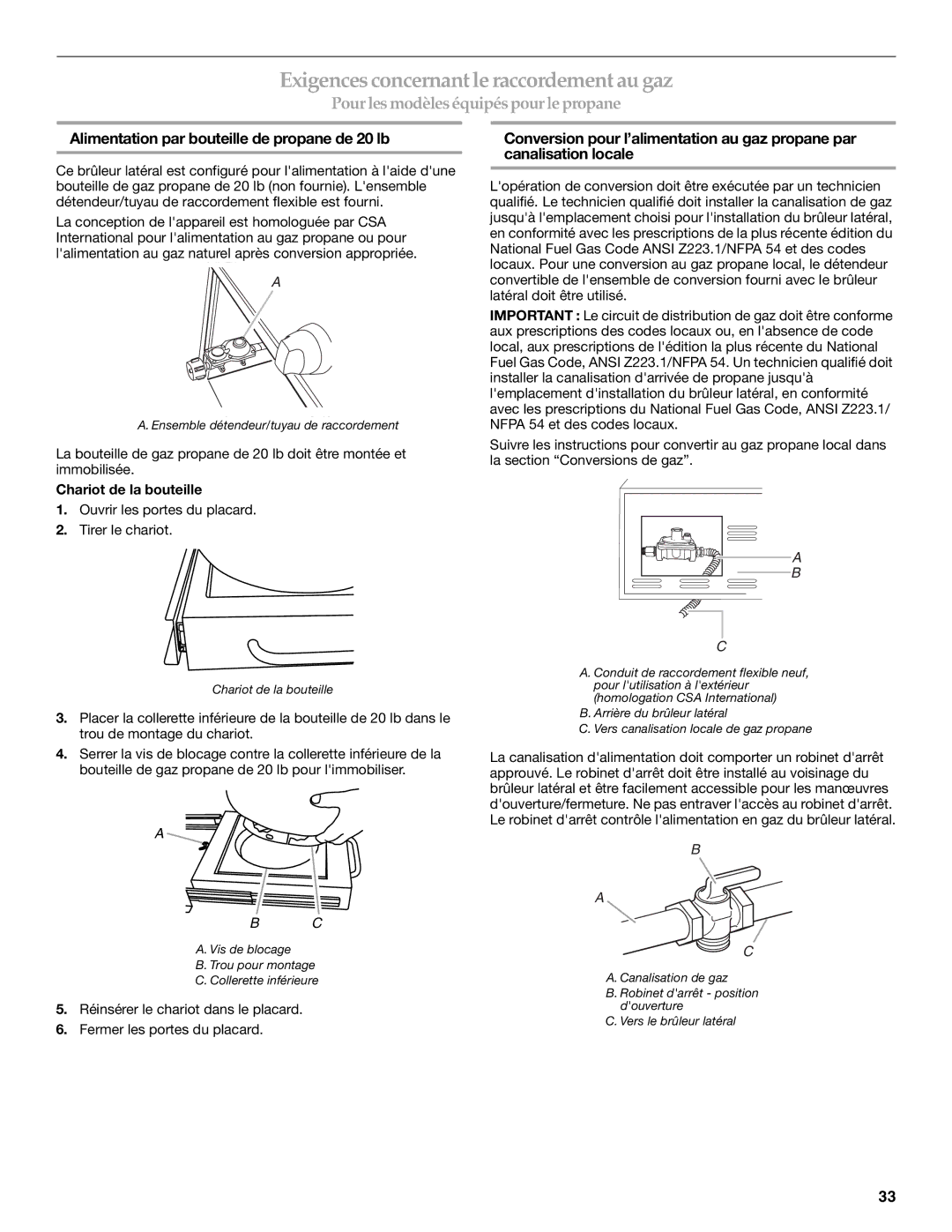 KitchenAid KBZU242VSS Exigences concernant le raccordement au gaz, Alimentation par bouteille de propane de 20 lb 