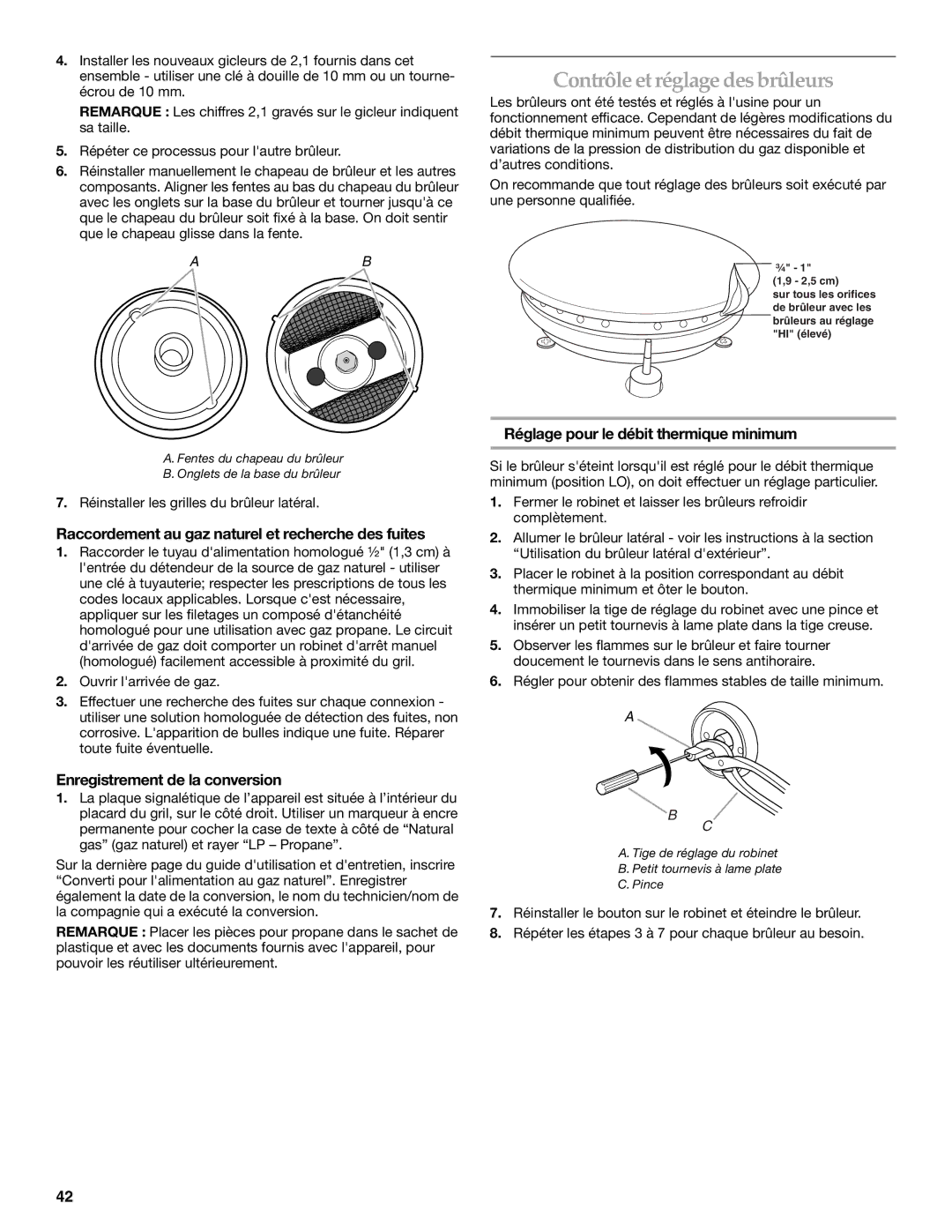 KitchenAid W10176789A, KBZU122VSS Contrôle et réglage des brûleurs, Raccordement au gaz naturel et recherche des fuites 