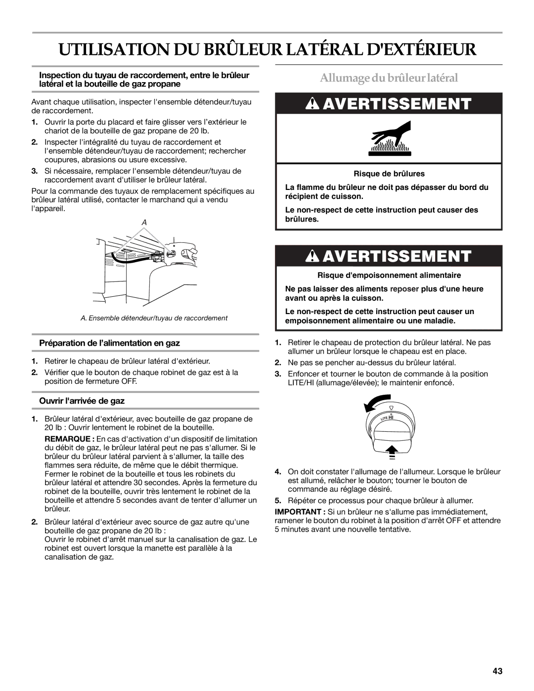 KitchenAid KBZU122TSS Utilisation DU Brûleur Latéral Dextérieur, Allumage du brûleur latéral, Ouvrir larrivée de gaz 