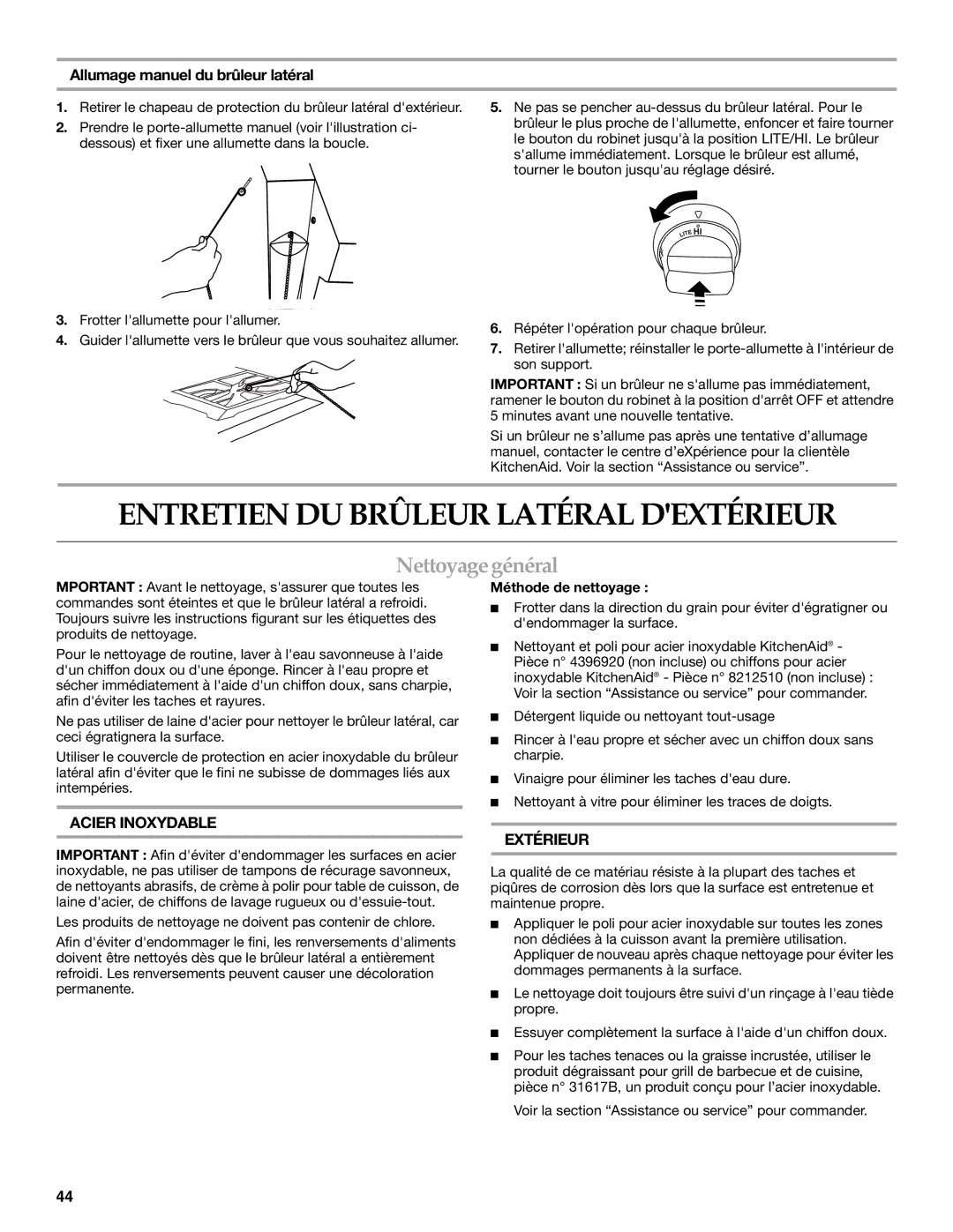 KitchenAid KBZU122VSS Entretien DU Brûleur Latéral Dextérieur, Nettoyage général, Allumage manuel du brûleur latéral 