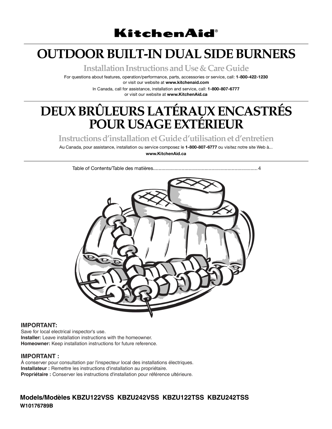 KitchenAid KBZU122VSS installation instructions Outdoor BUILT-IN Dual Side Burners 