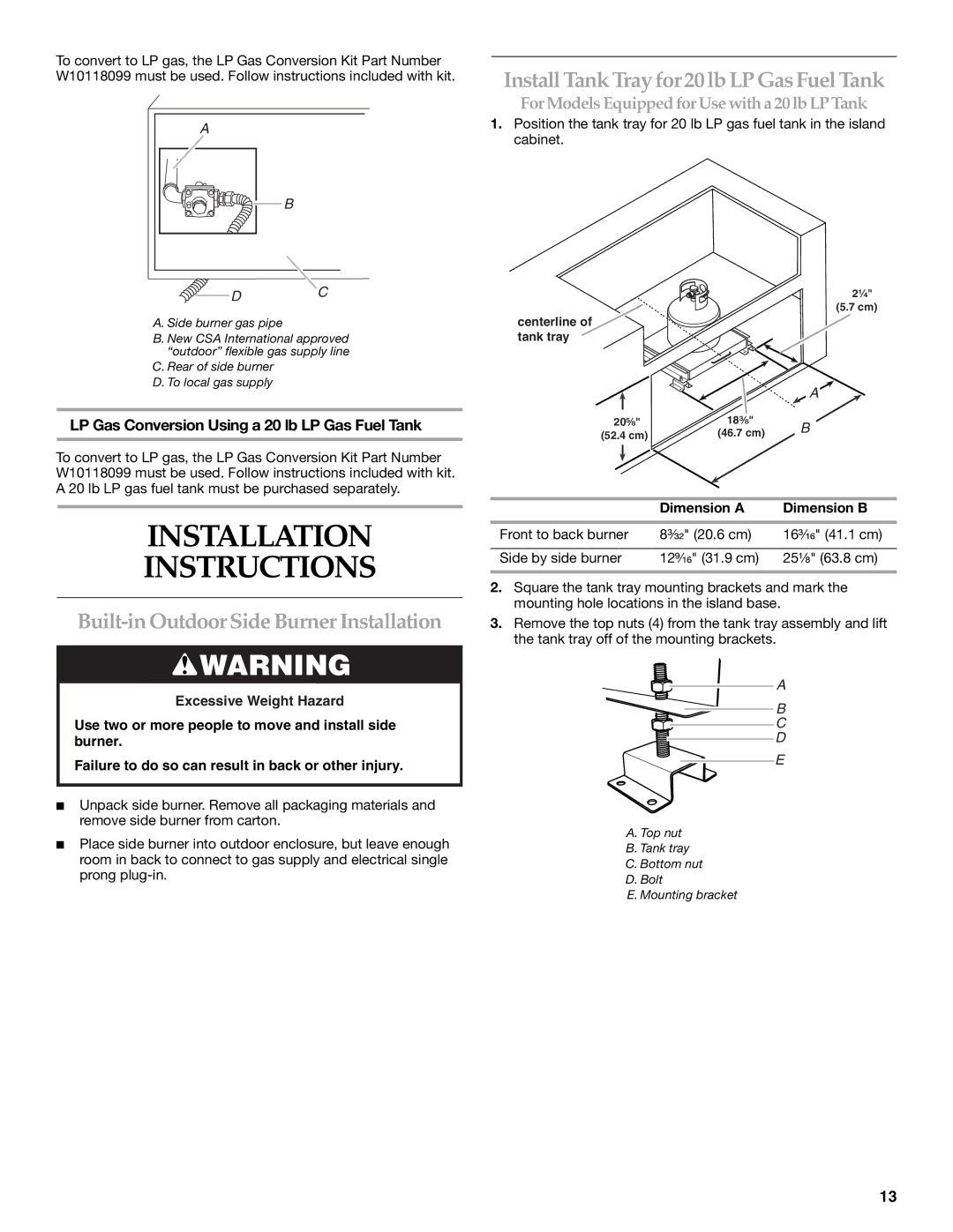 KitchenAid KBZU122VSS Installation Instructions, Built-inOutdoor Side Burner Installation, Dimension a Dimension B 