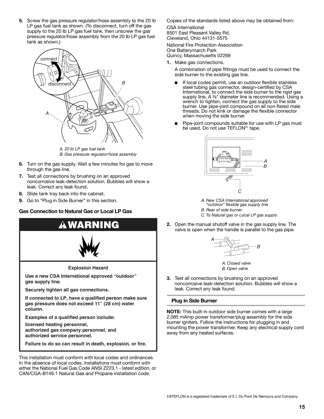 KitchenAid KBZU122VSS installation instructions Gas Connection to Natural Gas or Local LP Gas, Plug in Side Burner 