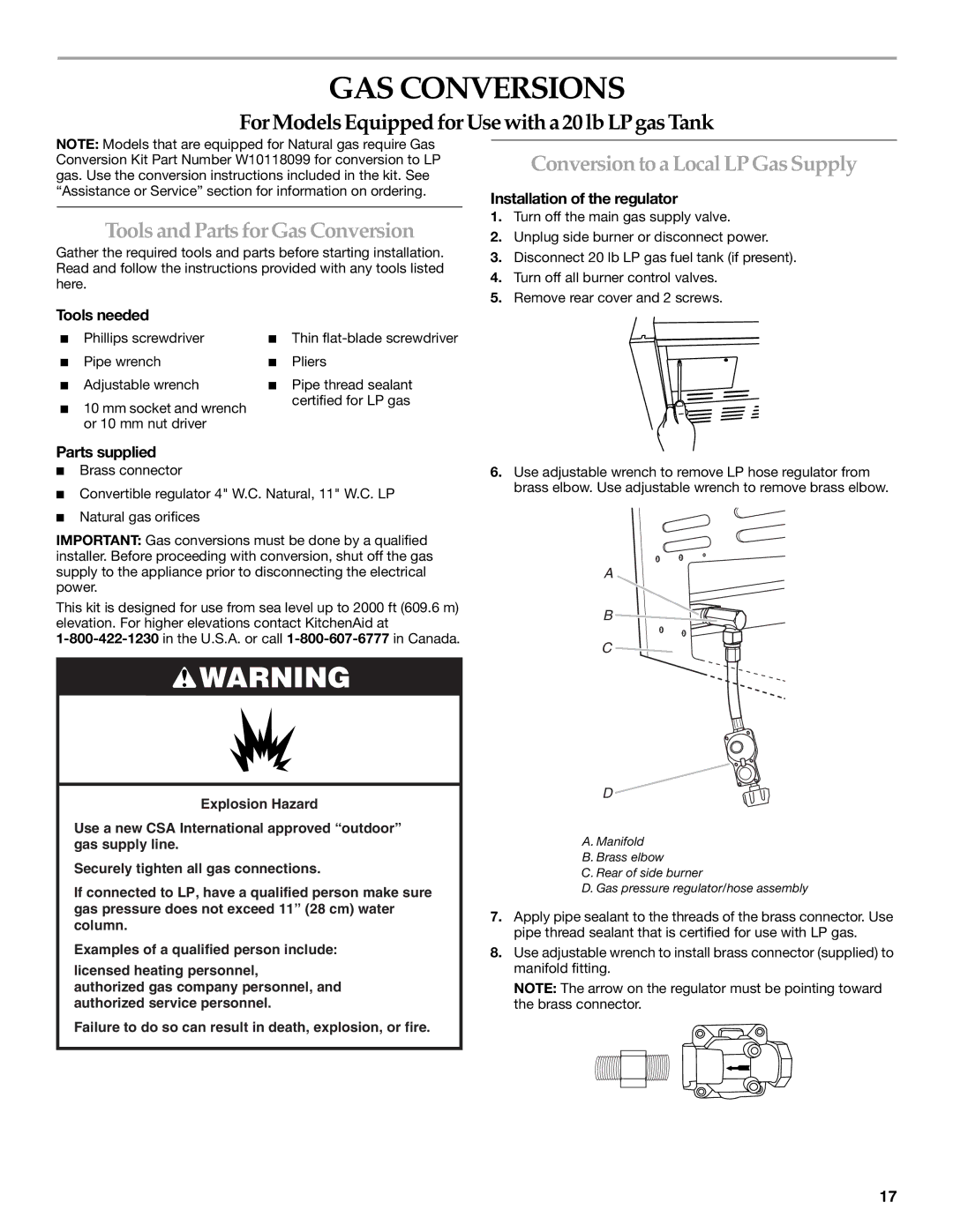 KitchenAid KBZU122VSS GAS Conversions, Tools and Parts forGas Conversion, Conversionto aLocal LP Gas Supply 