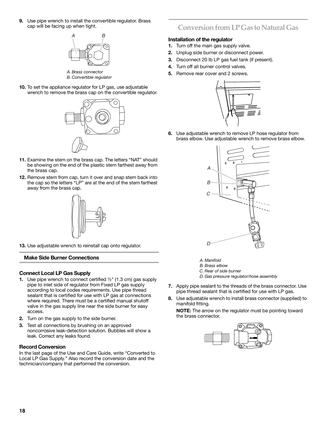 KitchenAid KBZU122VSS Conversion from LP Gasto Natural Gas, Make Side Burner Connections Connect Local LP Gas Supply 