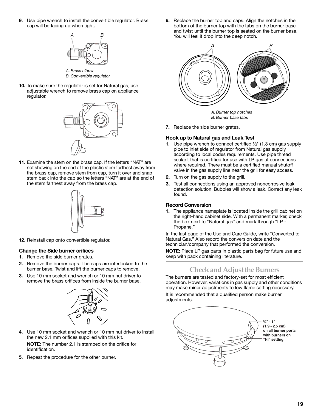 KitchenAid KBZU122VSS Check and Adjust theBurners, Hook up to Natural gas and Leak Test, Change the Side burner orifices 