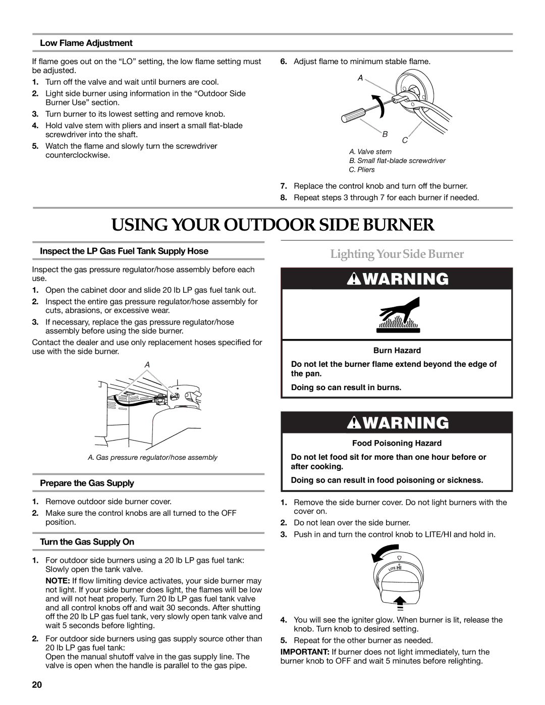 KitchenAid KBZU122VSS installation instructions Using Your Outdoor Side Burner, Lighting Your SideBurner 