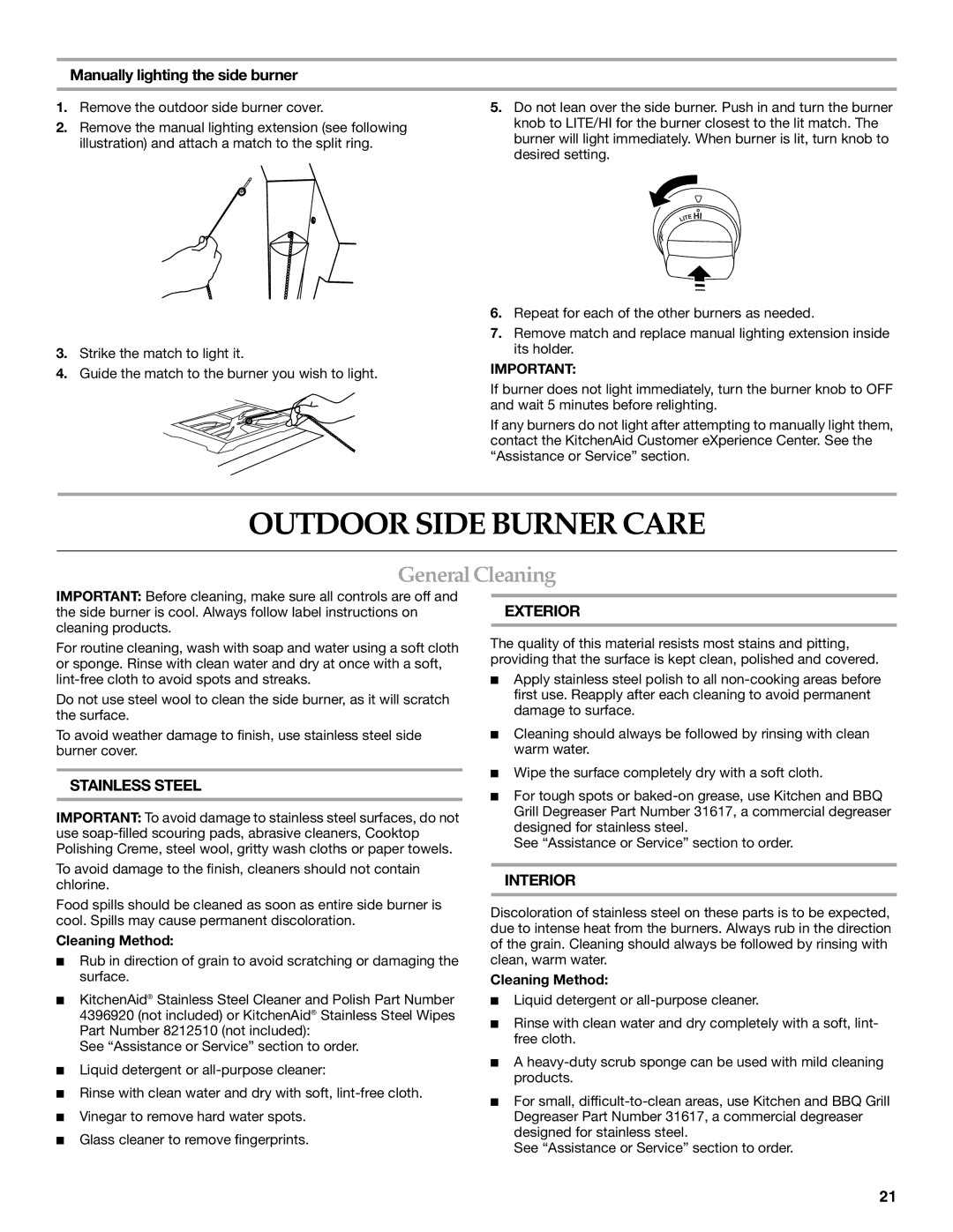 KitchenAid KBZU122VSS Outdoor Side Burner Care, General Cleaning, Manually lighting the side burner, Cleaning Method 
