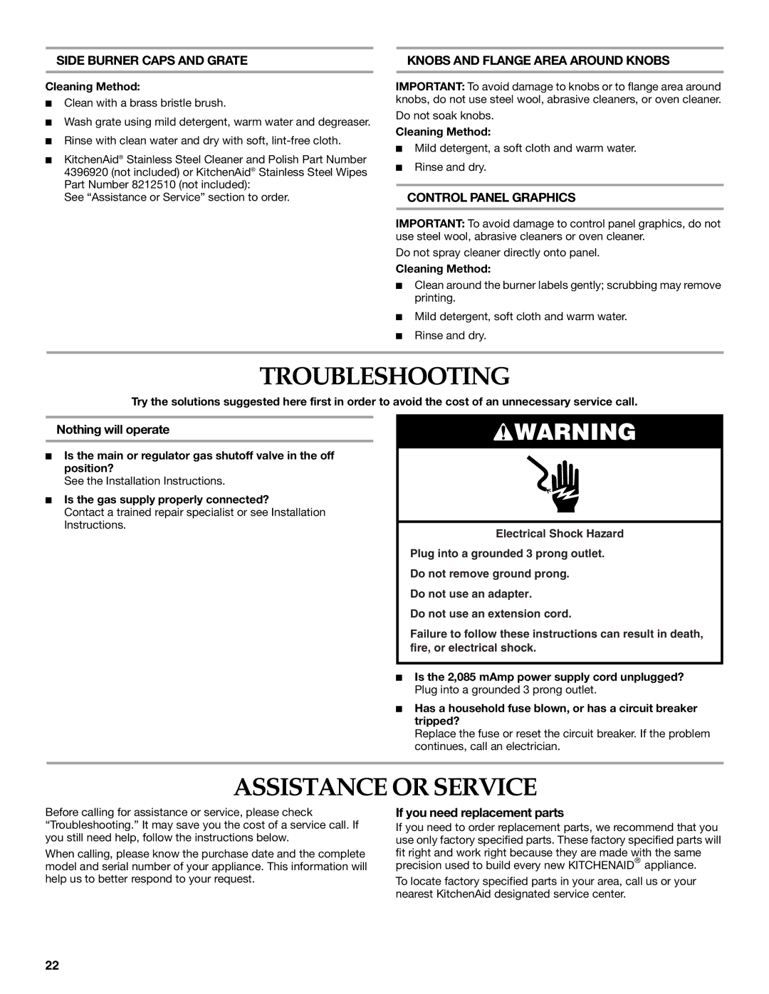 KitchenAid KBZU122VSS Troubleshooting, Assistance or Service, Nothing will operate, If you need replacement parts 