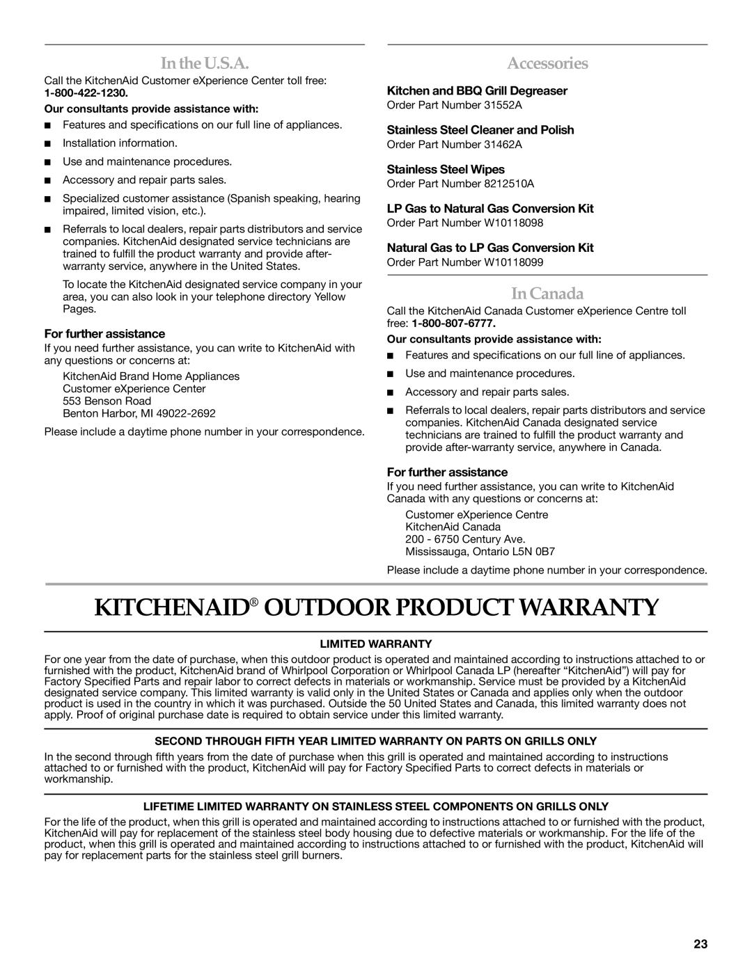 KitchenAid KBZU122VSS installation instructions Kitchenaid Outdoor Product Warranty, TheU.S.A, Accessories, Canada 