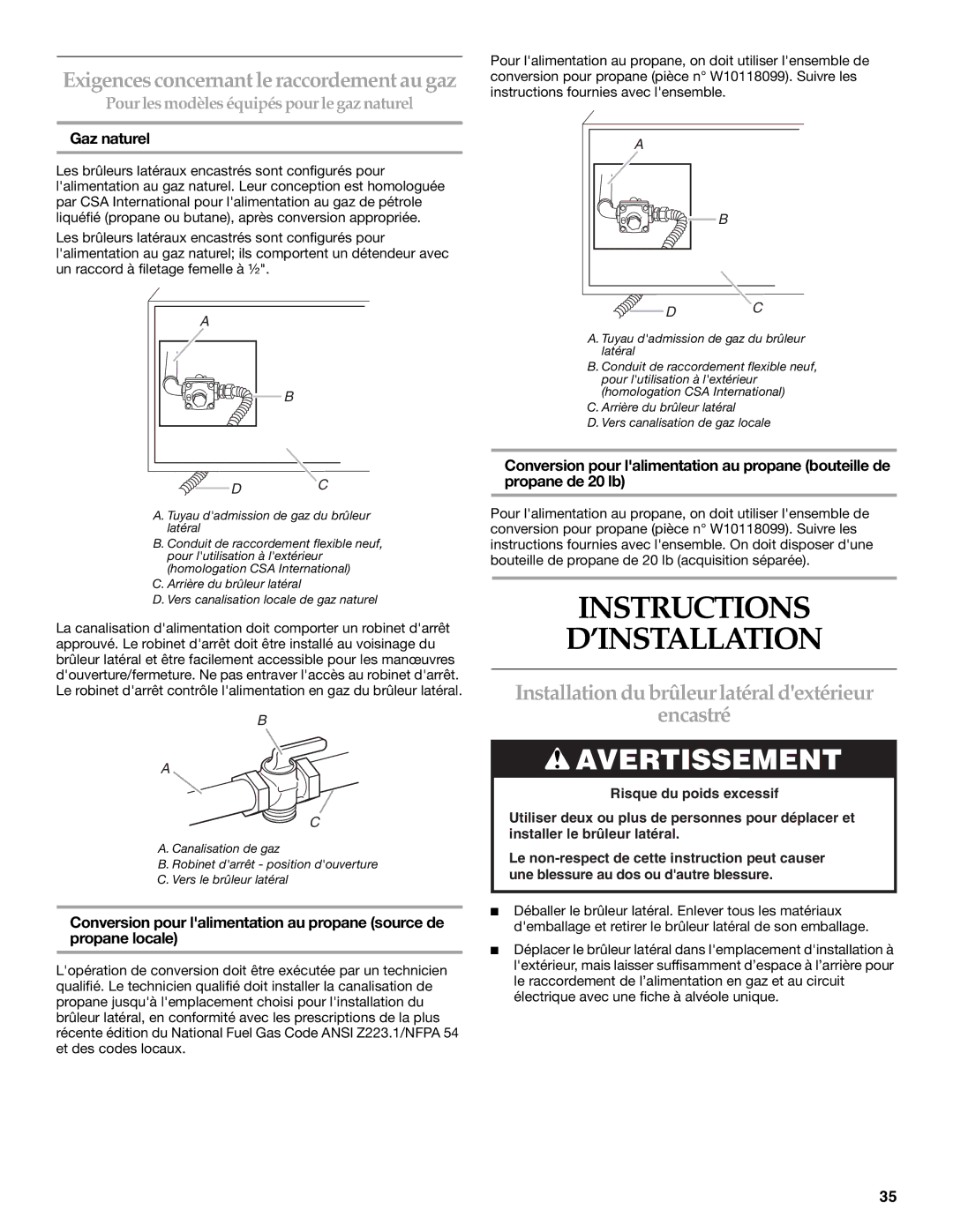 KitchenAid KBZU122VSS Instructions ’INSTALLATION, Exigences concernantleraccordement au gaz, Gaz naturel 