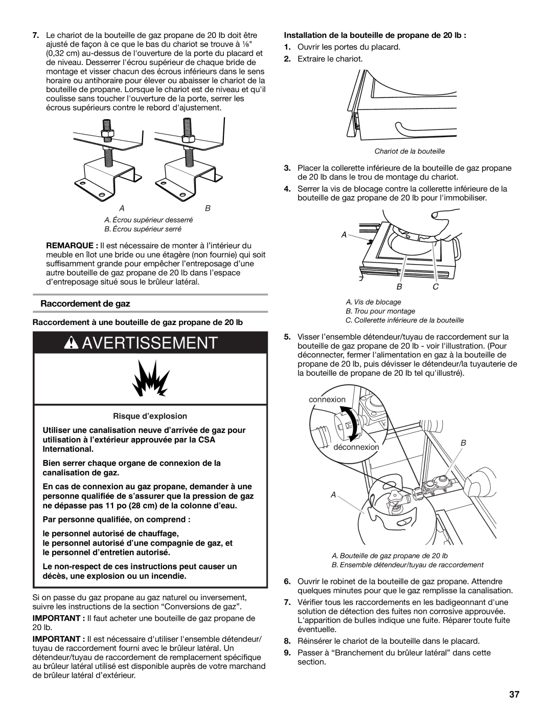 KitchenAid KBZU122VSS installation instructions Raccordement de gaz, Raccordement à une bouteille de gaz propane de 20 lb 