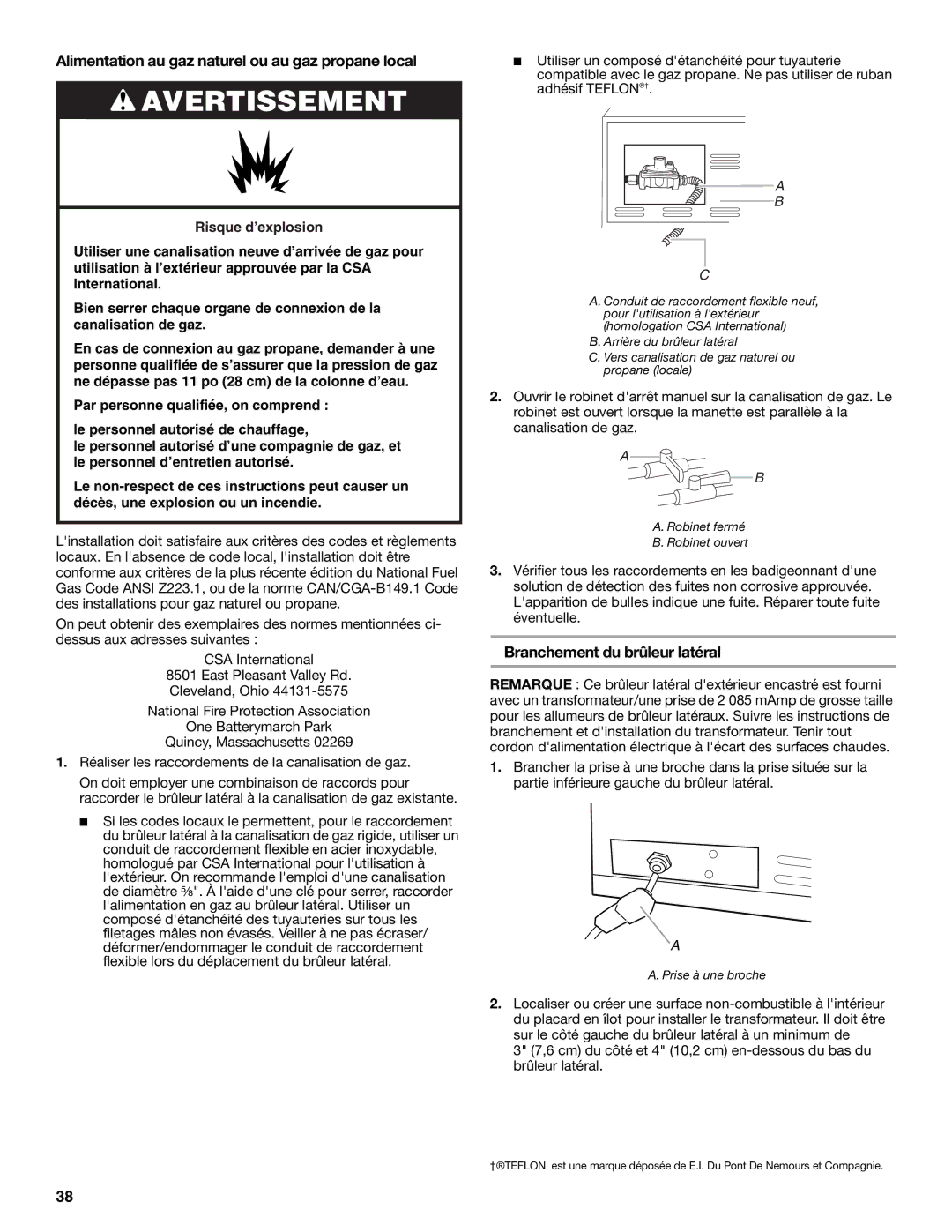 KitchenAid KBZU122VSS Alimentation au gaz naturel ou au gaz propane local, Branchement du brûleur latéral 