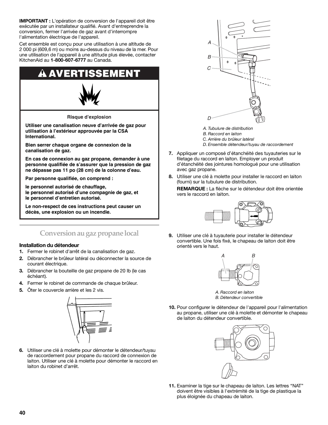 KitchenAid KBZU122VSS installation instructions Conversion au gaz propanelocal, Installation du détendeur 