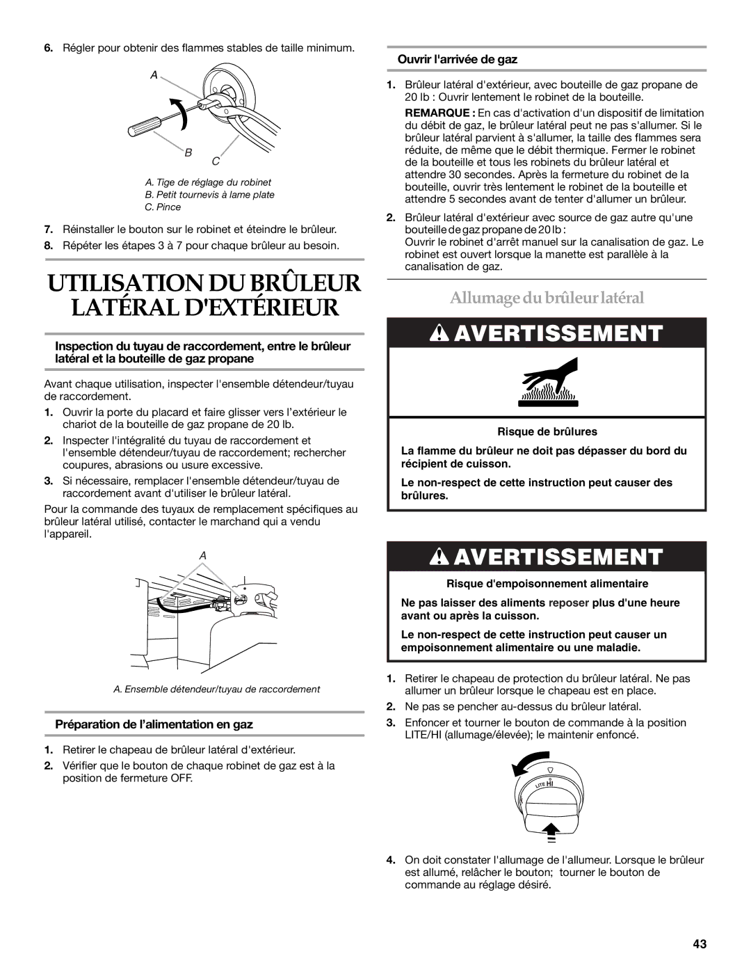 KitchenAid KBZU122VSS Allumagedubrûleurlatéral, Préparation de l’alimentation en gaz, Ouvrir larrivée de gaz 